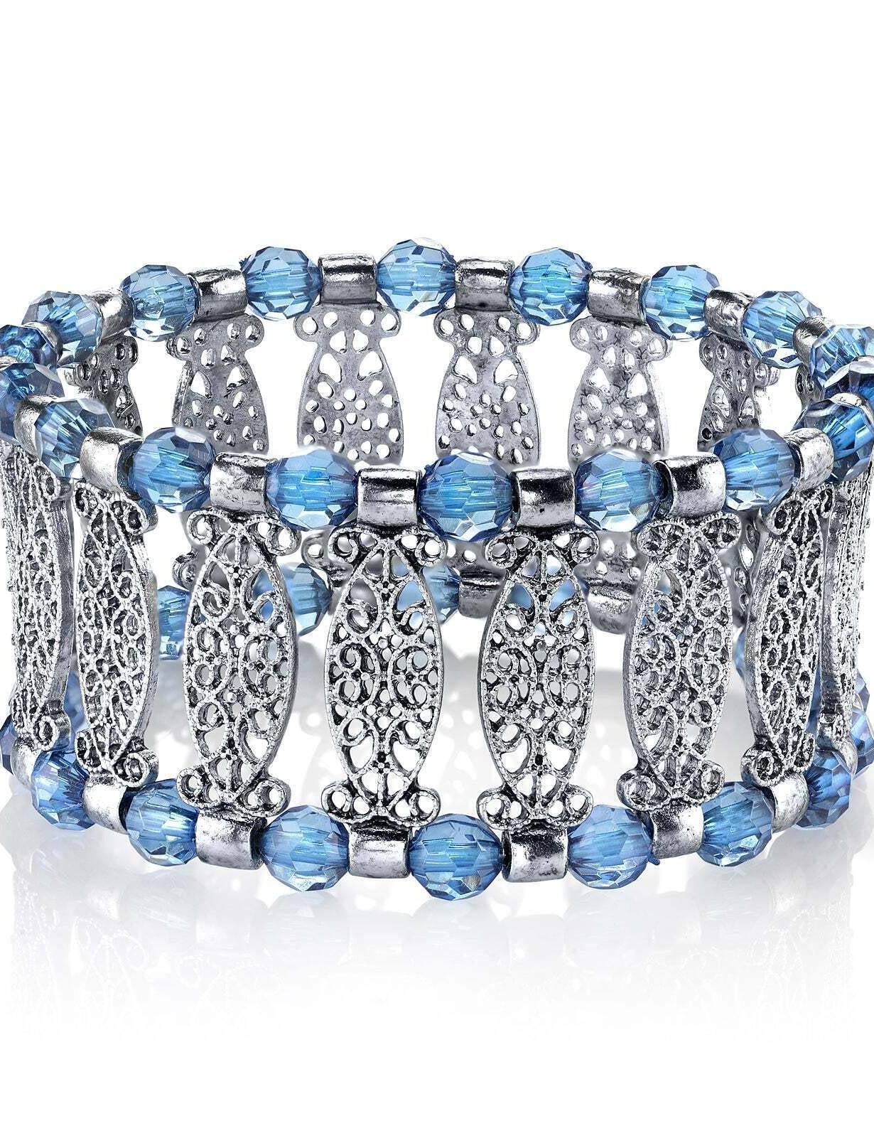 1928 Jewelry Blue Color Filigree Stretch Bracelet