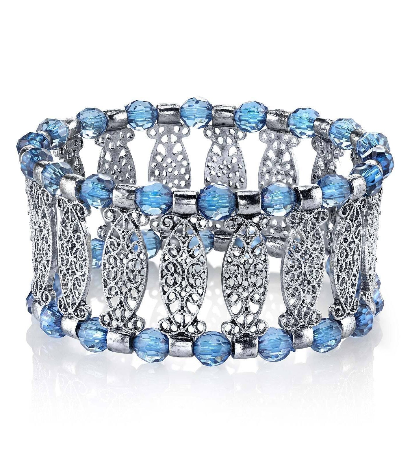 1928 Jewelry Blue Color Filigree Stretch Bracelet