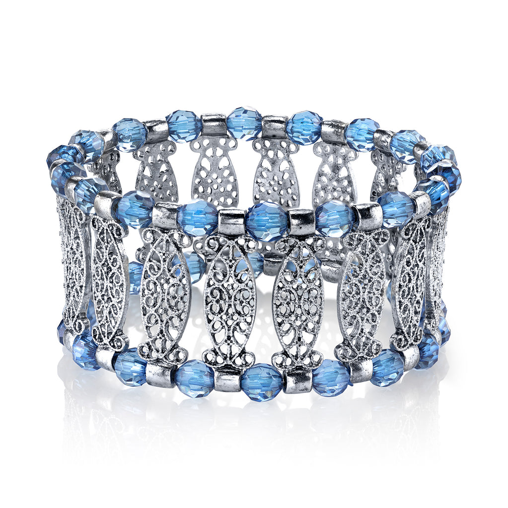Silver Tone Blue Color Filigree Stretch Bracelet