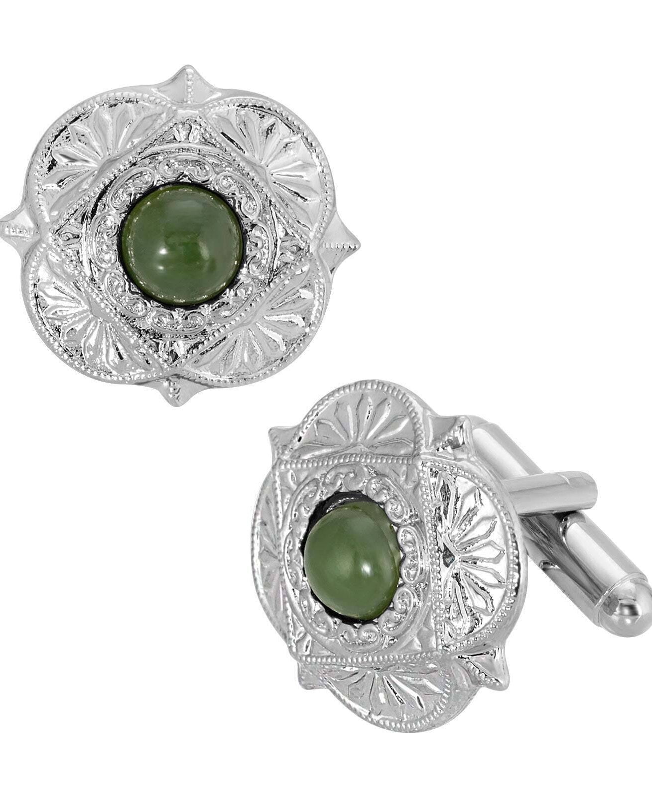 1928 Jewelry Round Green Jade Gemstone Cufflinks