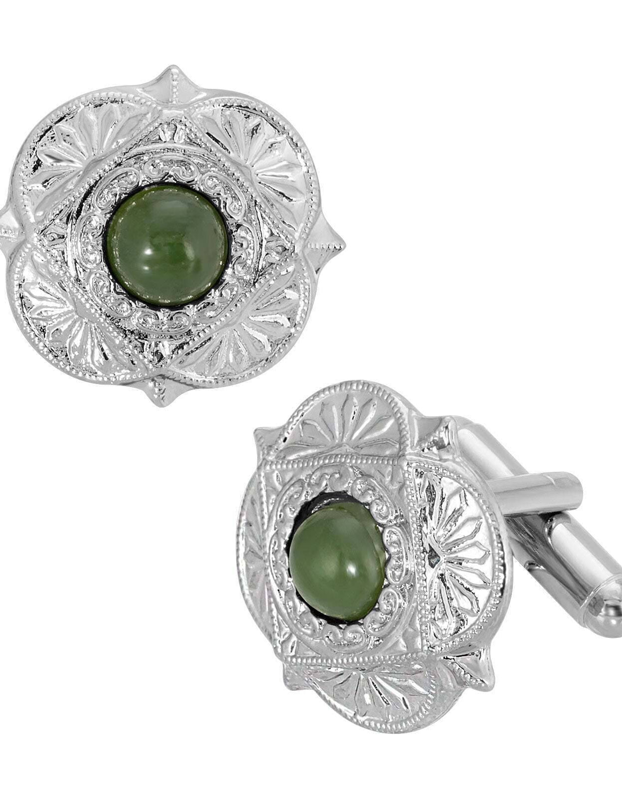 1928 Jewelry Round Green Jade Gemstone Cufflinks