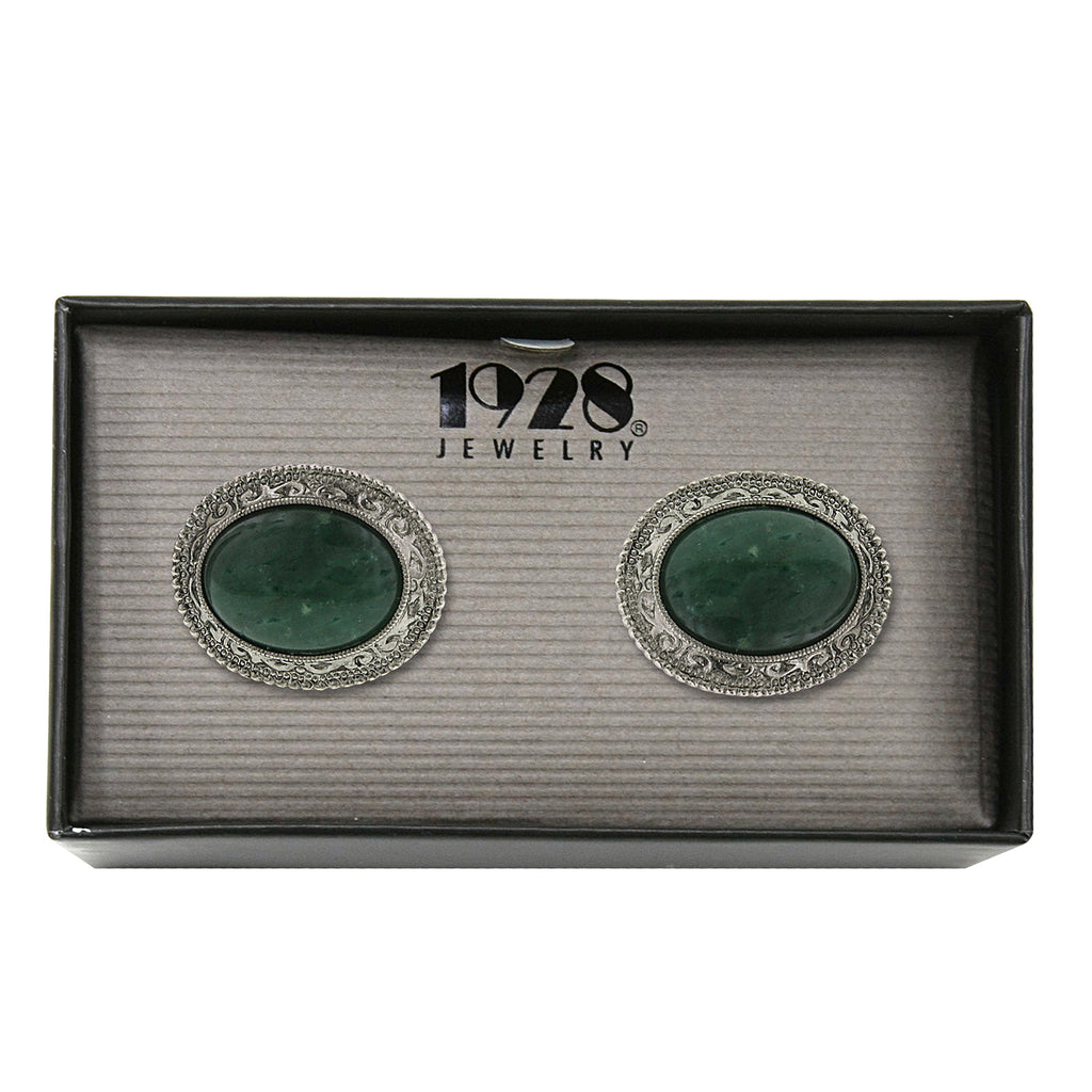 Silver Tone Semi Precious Green Aventurine Oval Cufflinks