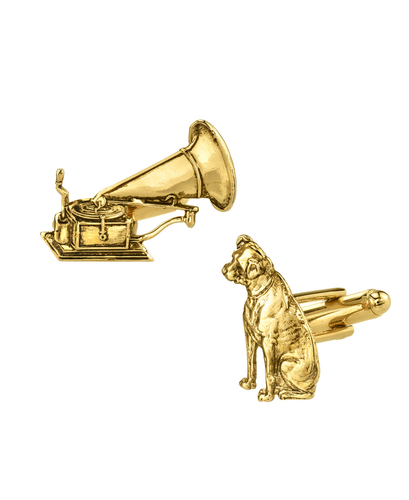 14K Gold Dipped Dog And Phonograph Cufflinks Gold