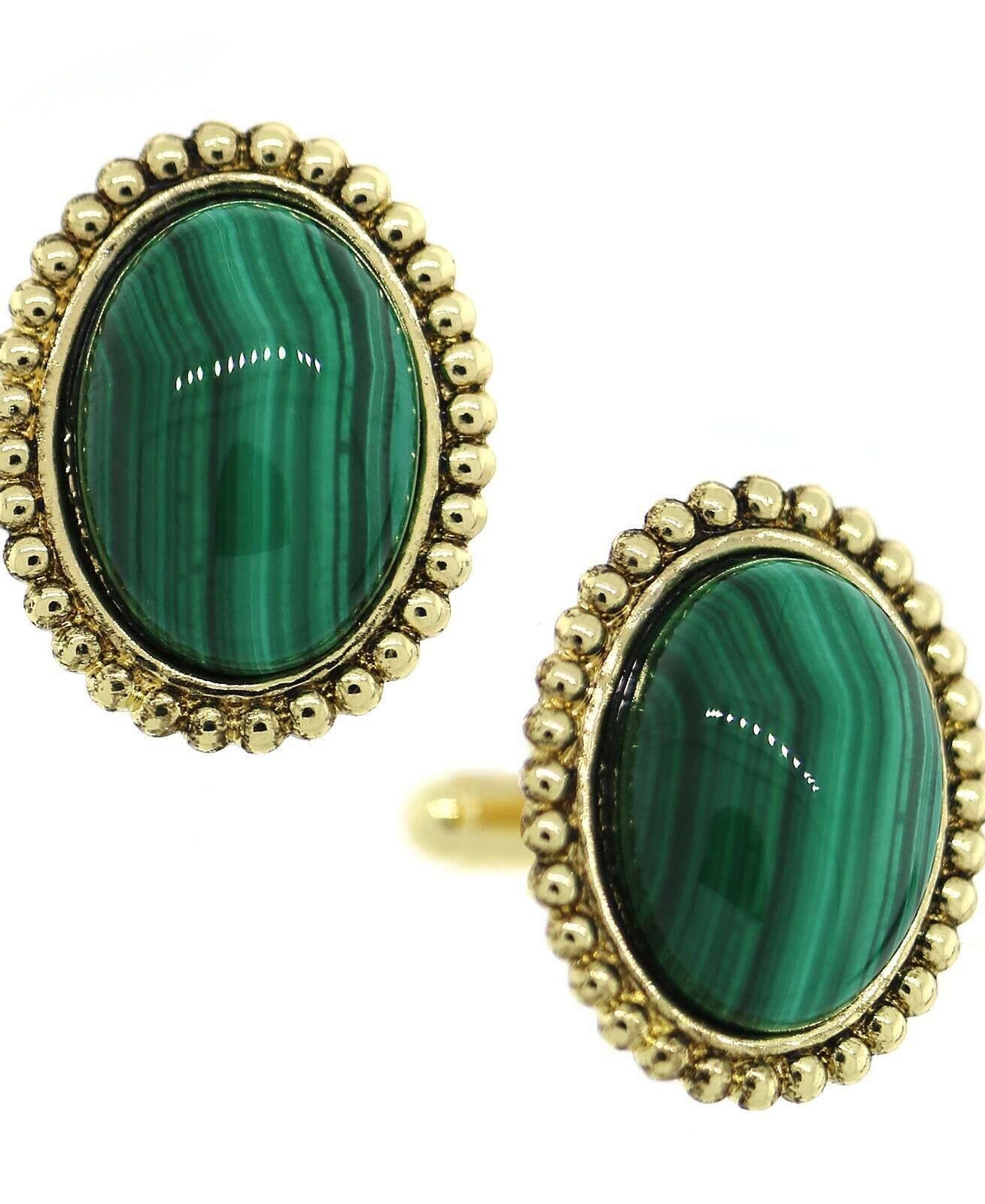 1928 Jewelry Gemstone Green Malachite Oval Cufflinks