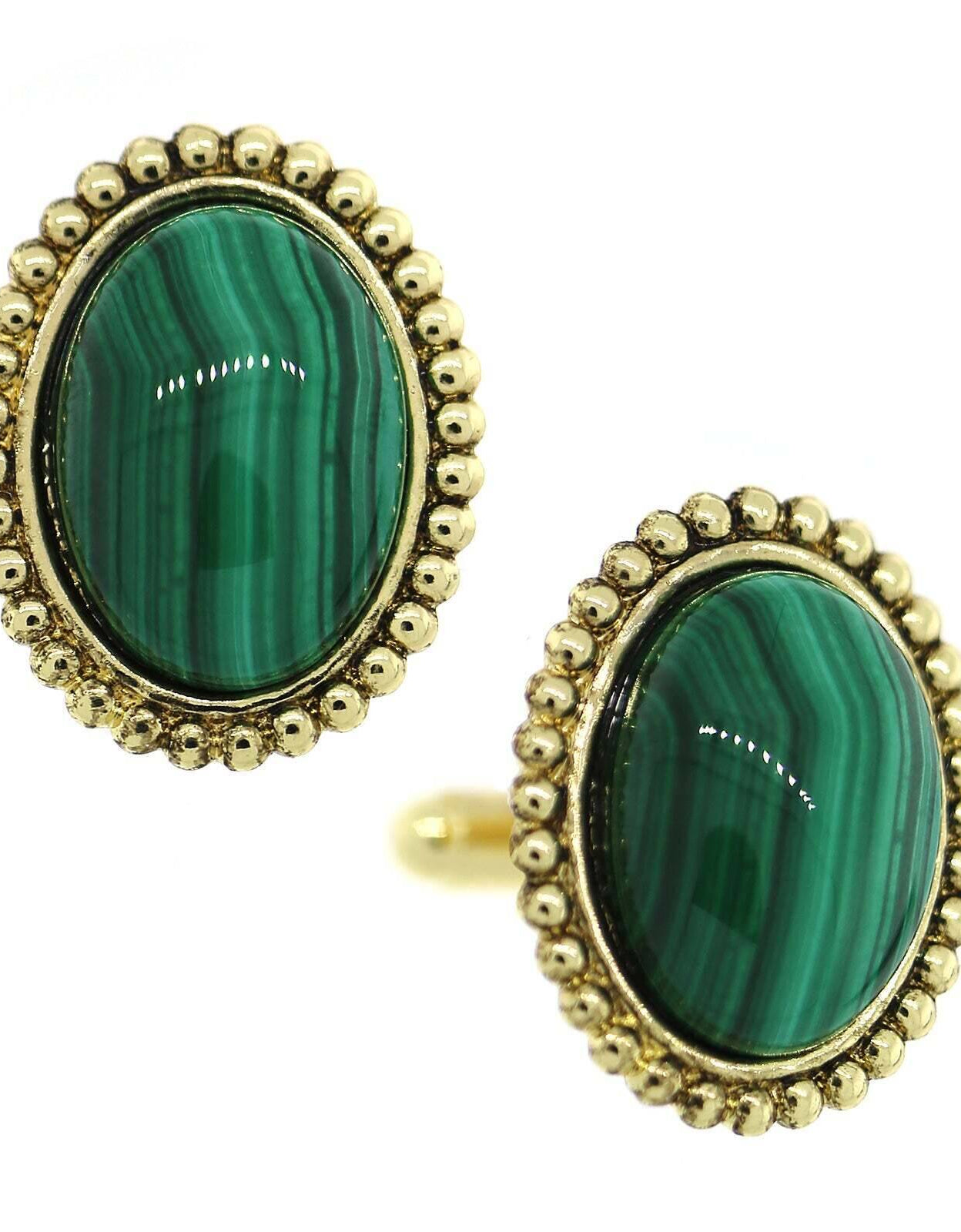 1928 Jewelry Gemstone Green Malachite Oval Cufflinks
