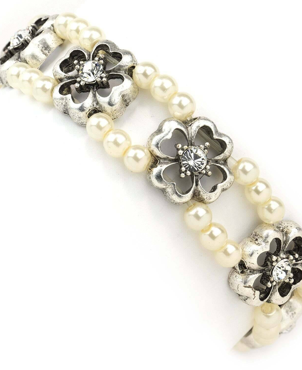 1928 Jewelry Four-Leaf Clover Crystal White Faux Pearl Stretch Bracelet