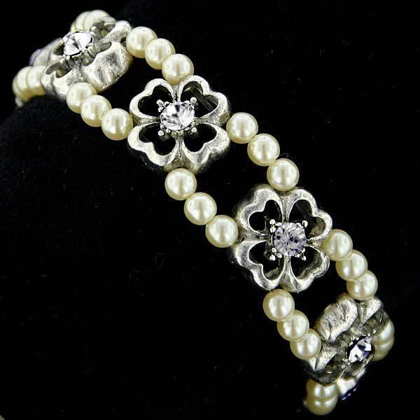 1928 Jewelry:   Silver Tone Simulated Pearl and Crystal Flower Stretch Bracelet