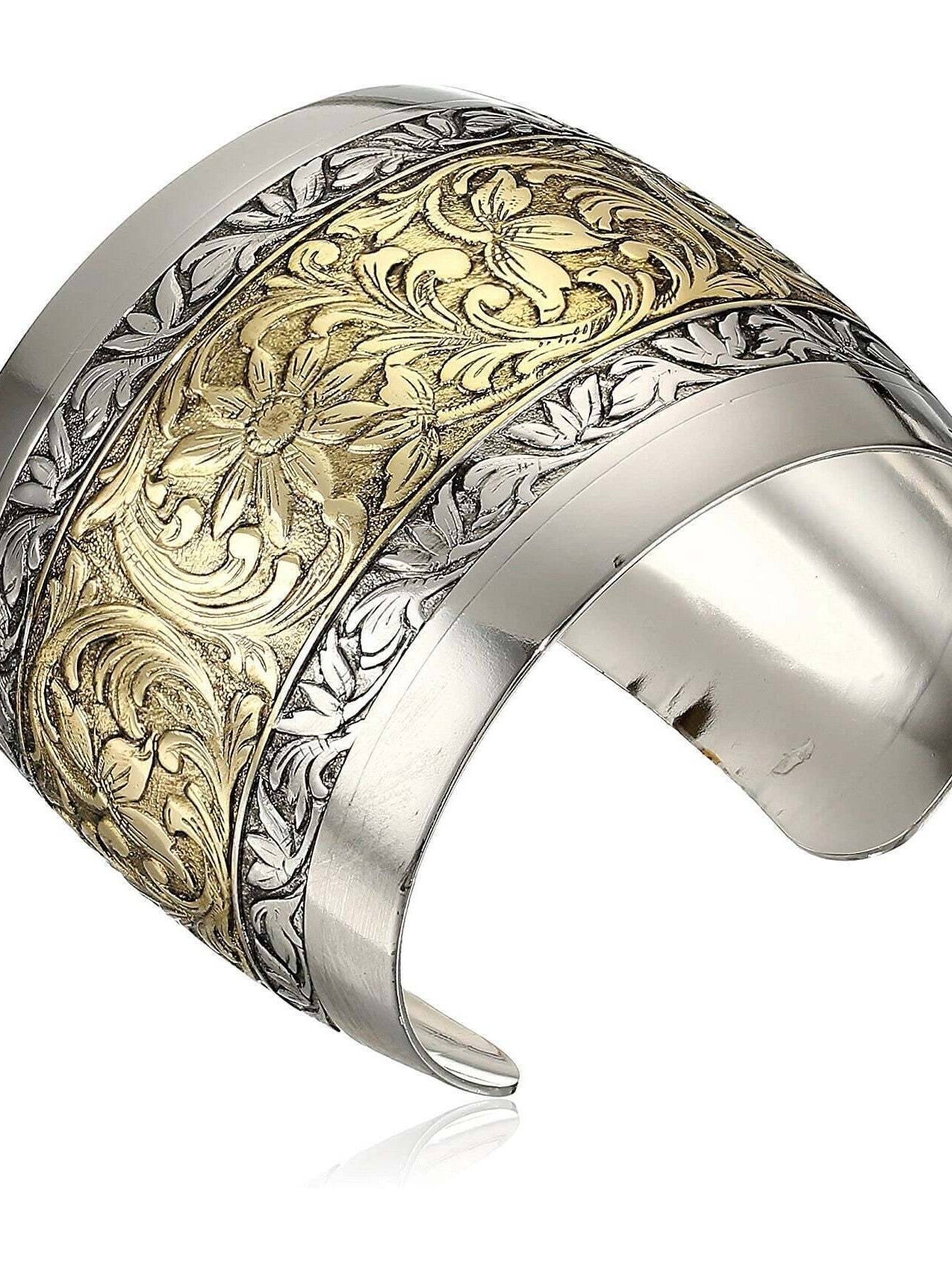 1928 Jewelry Two Tone Etched Floral Cuff Bracelet