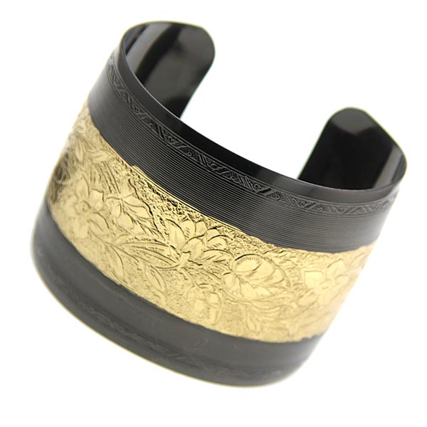 Black Tone And Gold Tone Floral Cuff Bracelet