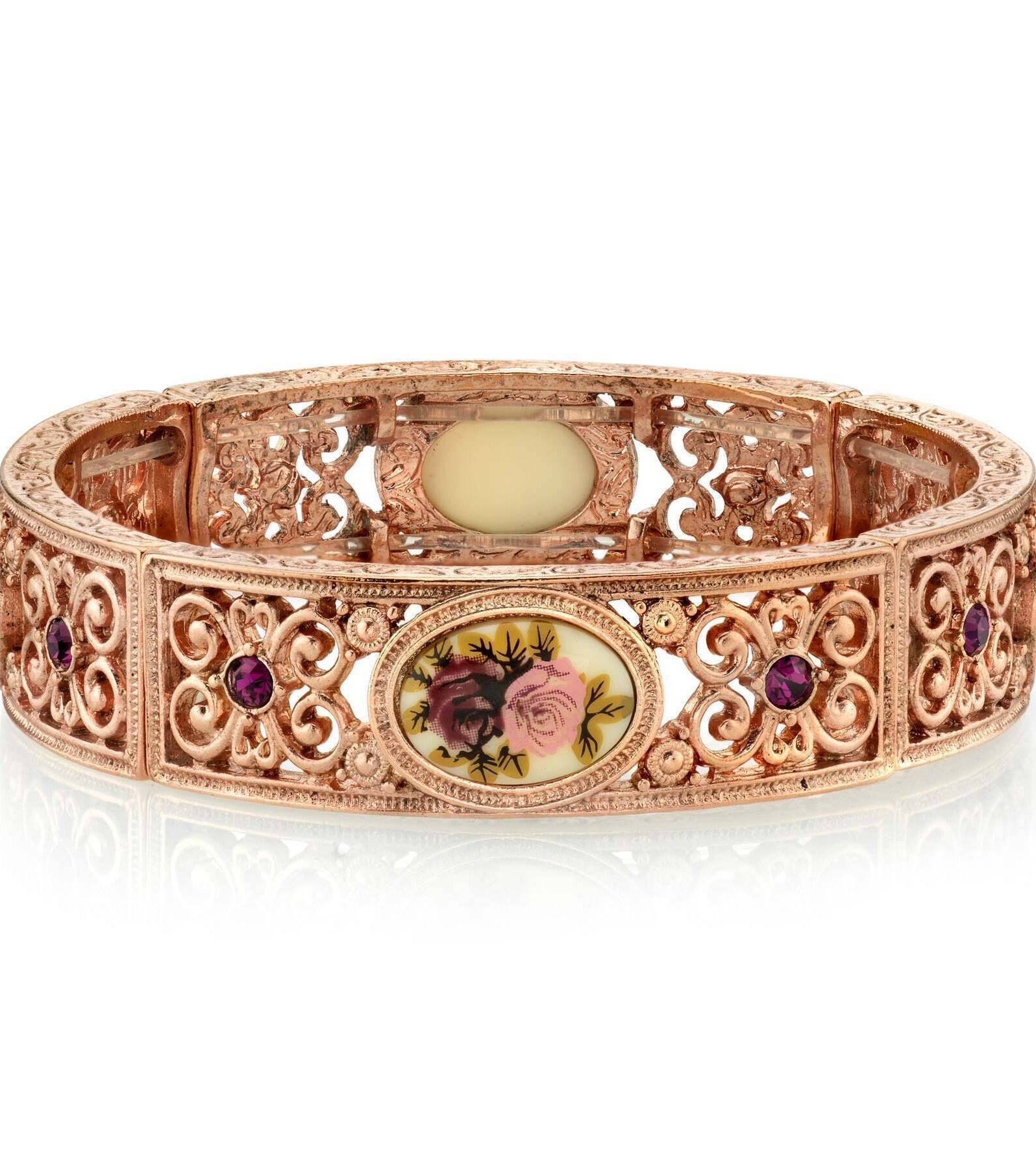 1928 Jewelry Manor House Rose Purple Crystal Flower Stretch Bracelet