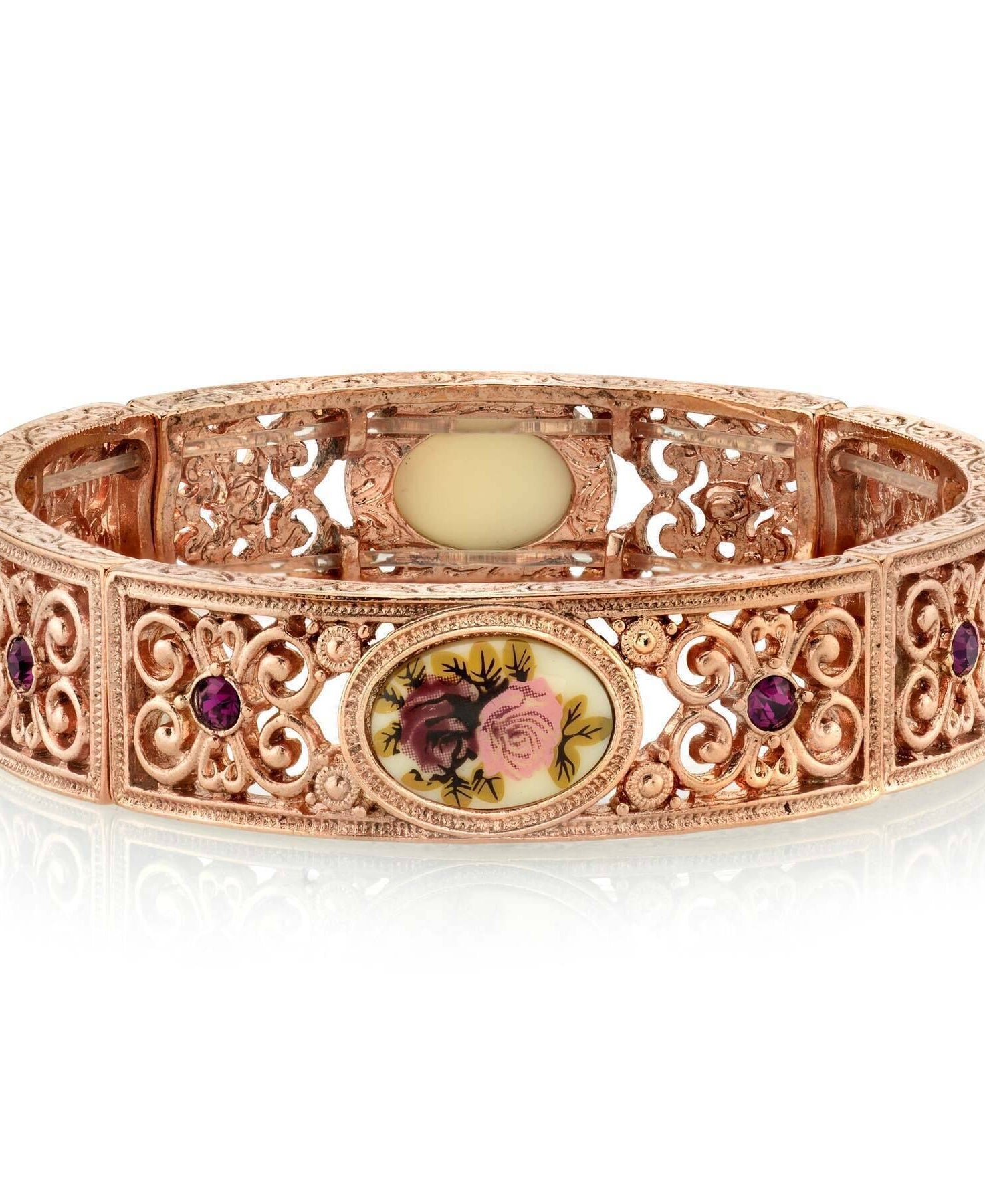1928 Jewelry Manor House Rose Purple Crystal Flower Stretch Bracelet