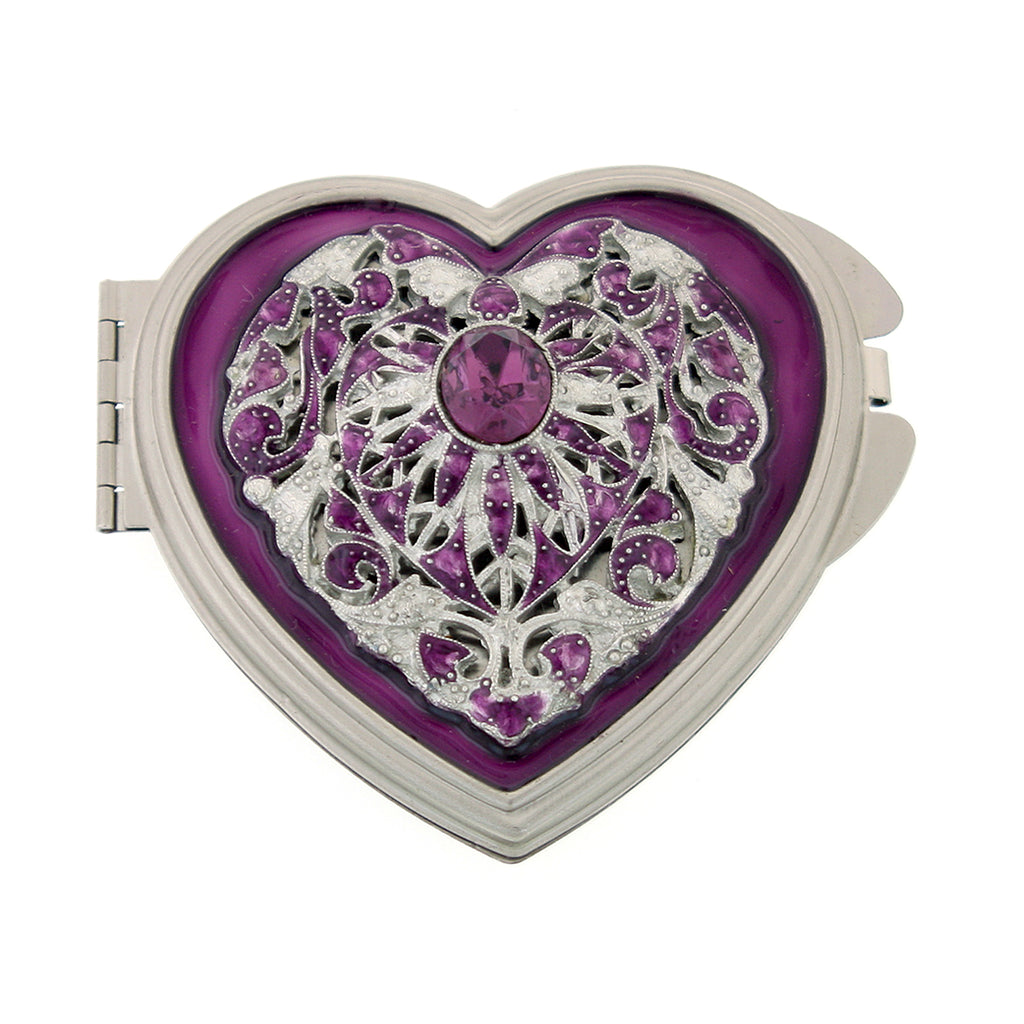 Silver Tone Enamel And Crystal Heart Mirror Compact