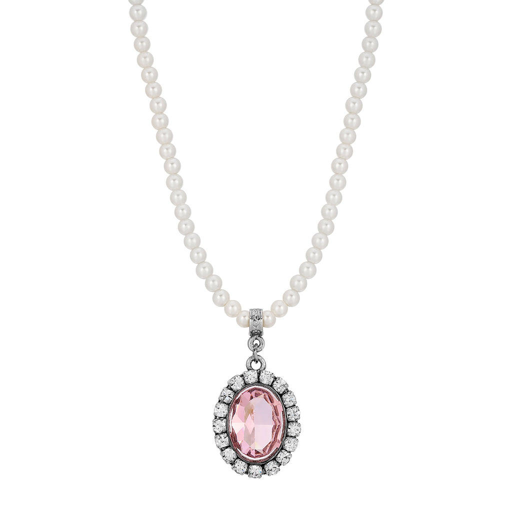 Pink Austrian Crystal Element Pearl Strand Necklace 
