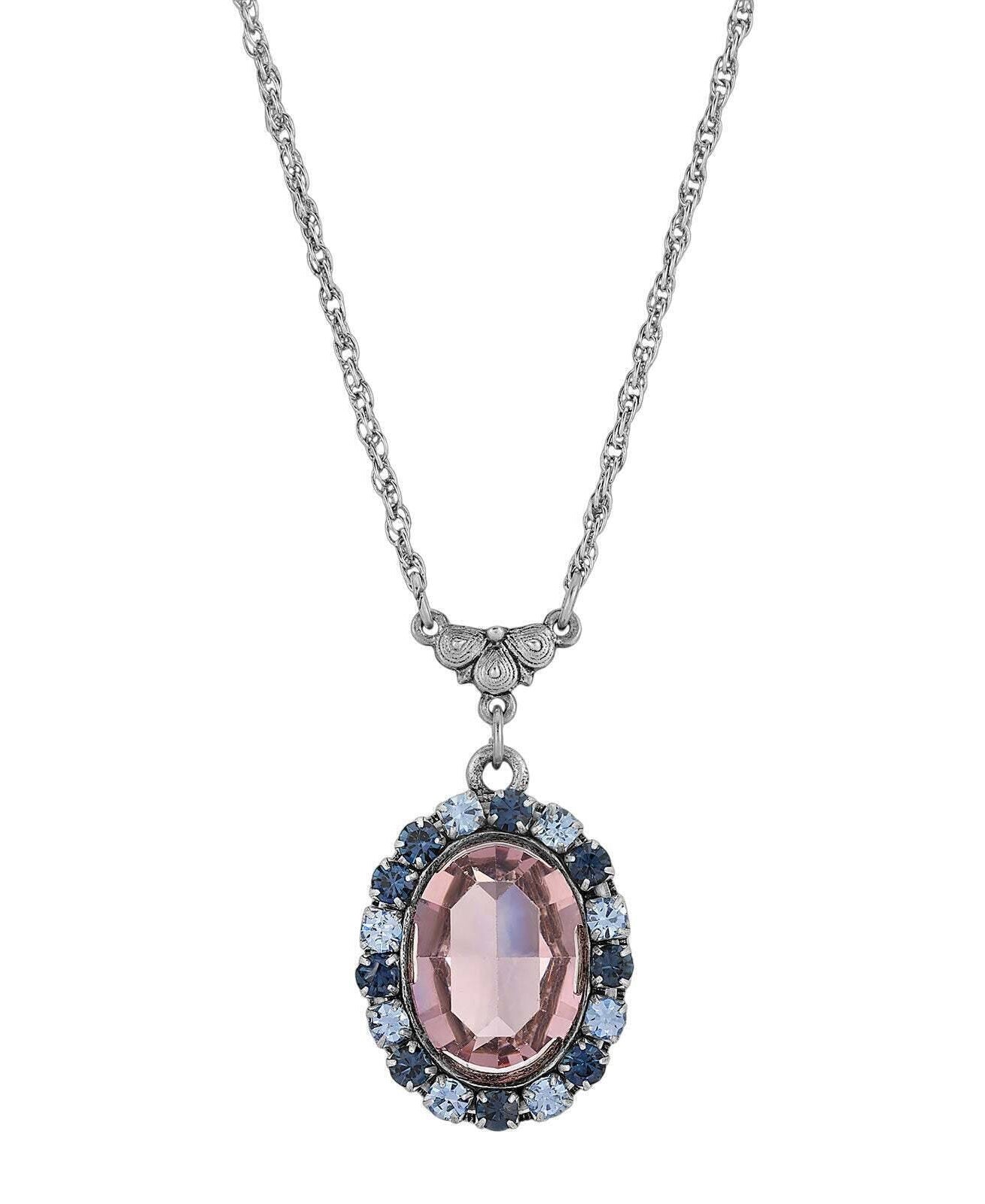 1928 Jewelry Anastasia Blue Rimmed Pink Oval Pendant Necklace 15" Chain