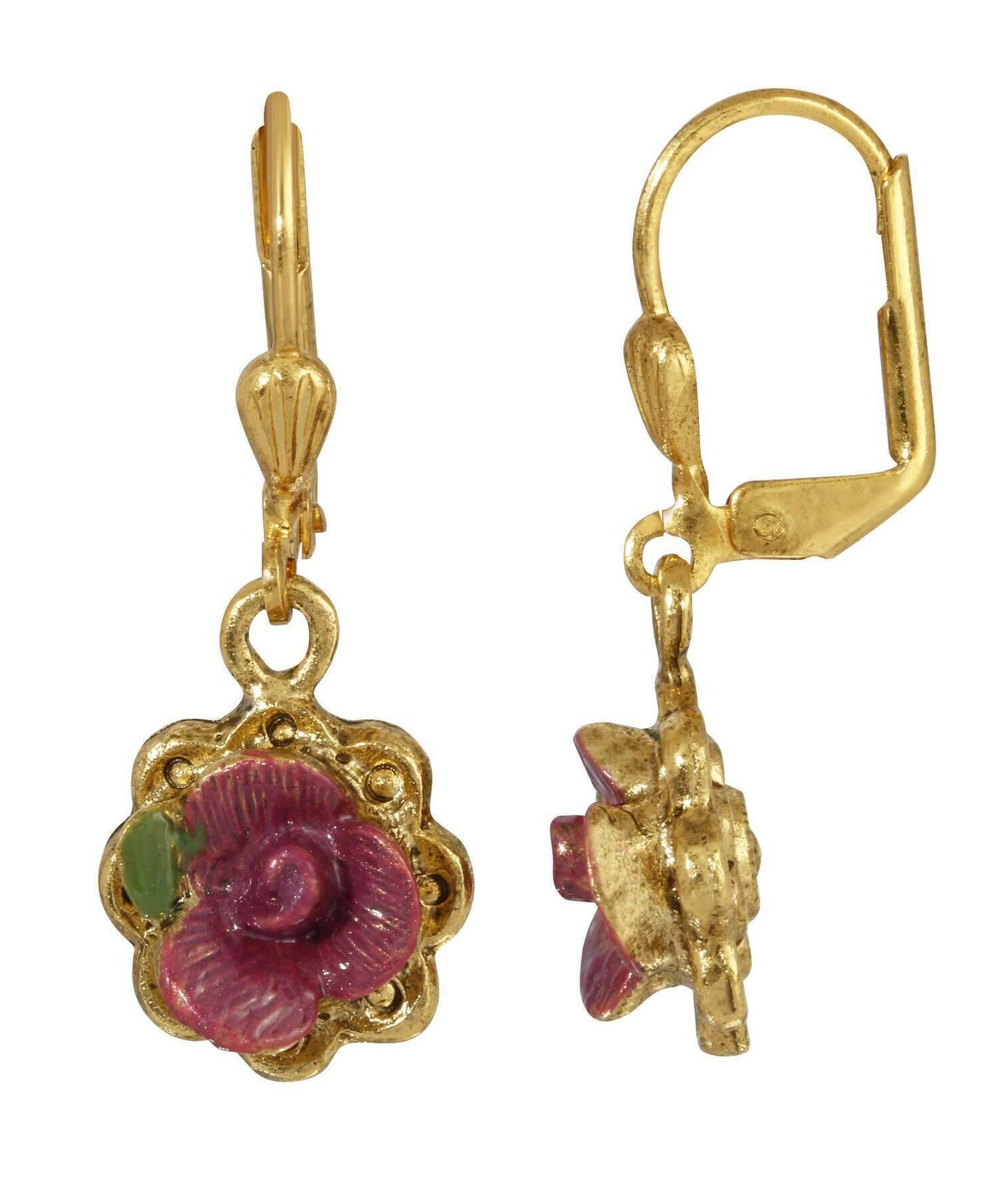 1928 Jewelry Antiqued Pink Rose Hand Enameled Flower Drop Earrings