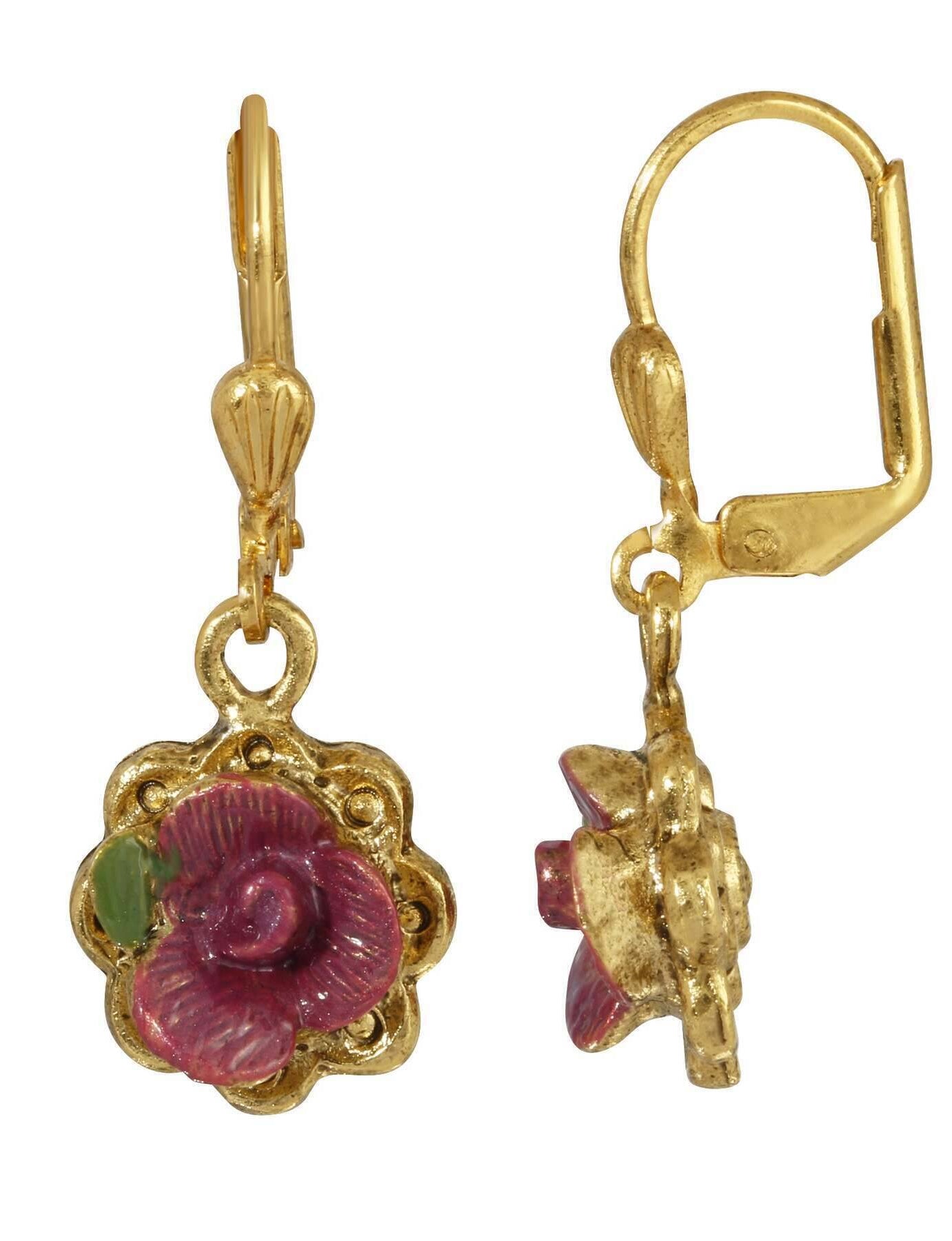 1928 Jewelry Antiqued Pink Rose Hand Enameled Flower Drop Earrings