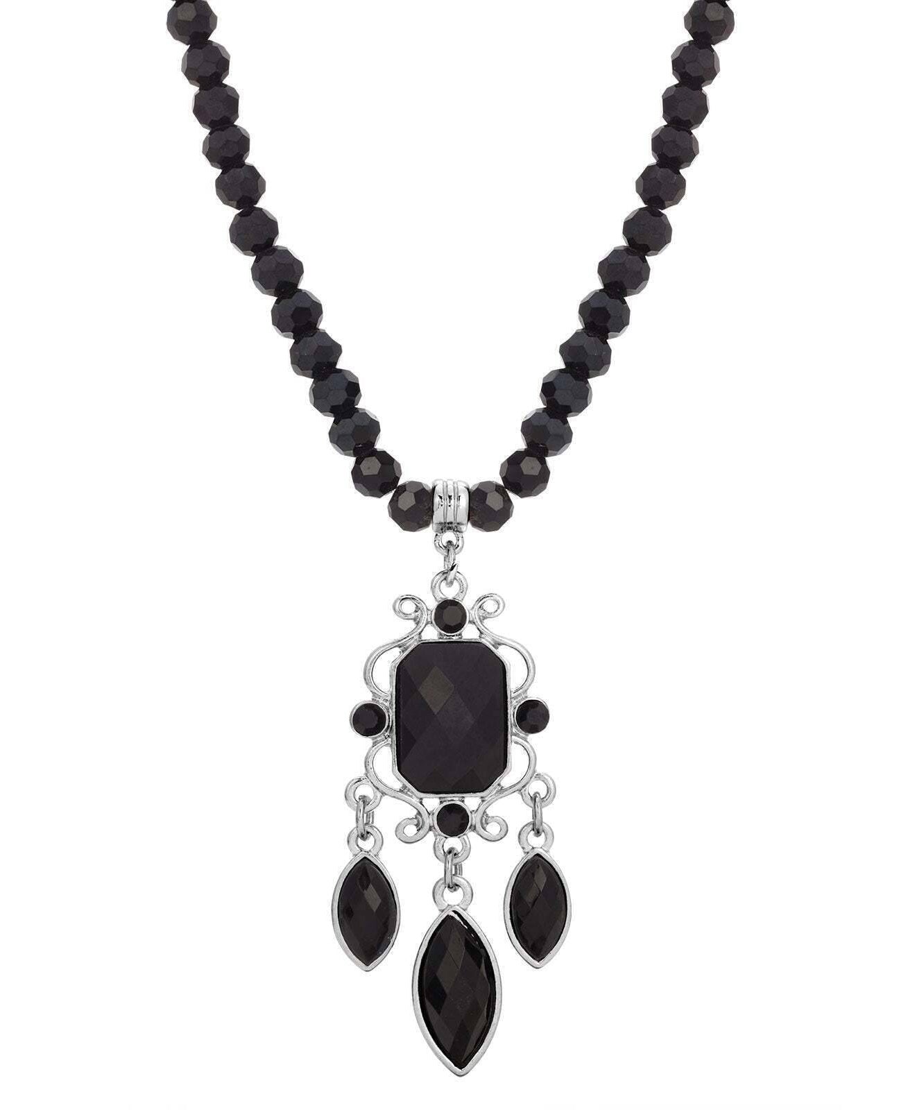 1928 Jewelry Triumphant Chandelier Black Strand Pendant Necklace 15" + 3" Extender