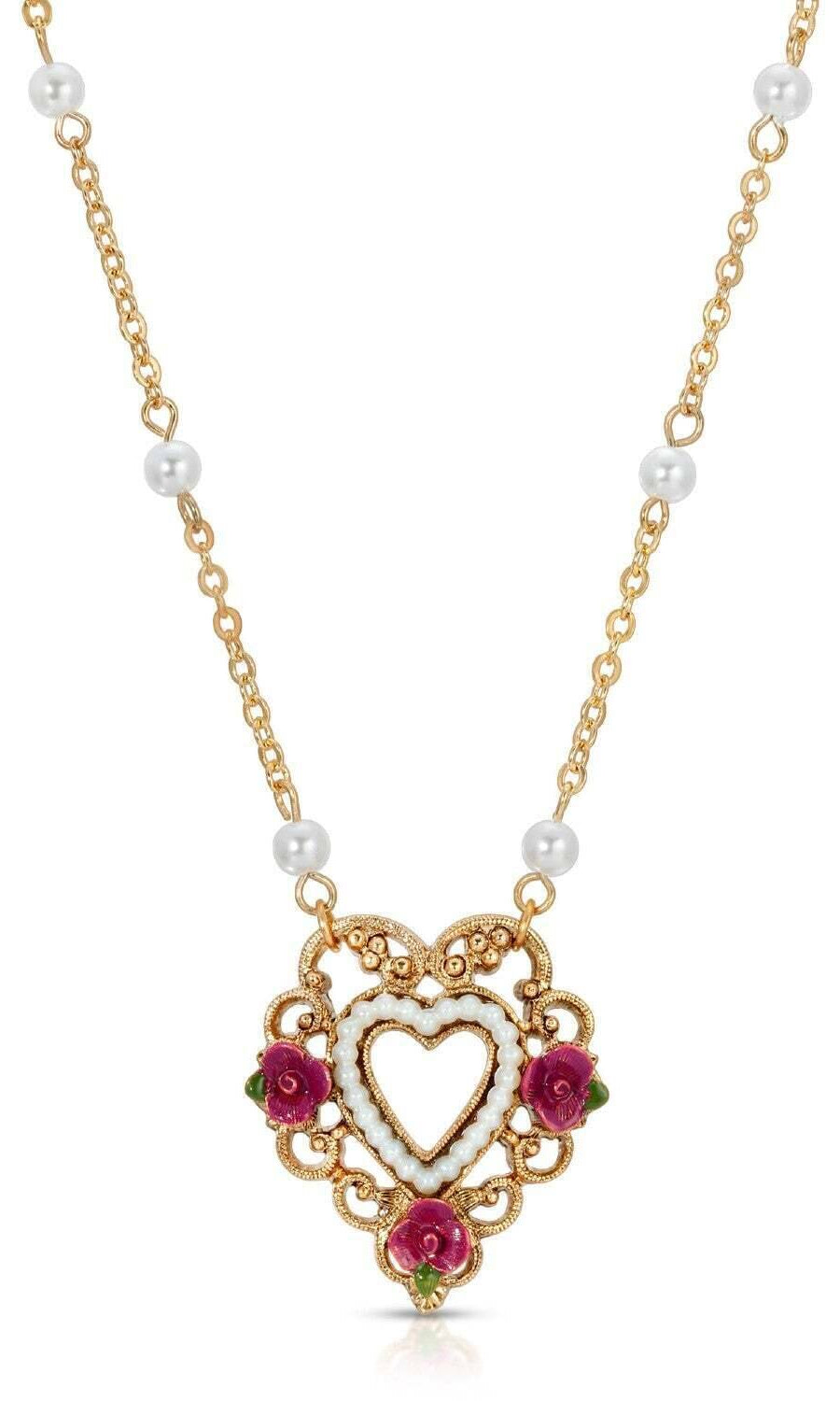 1928 Jewelry Pink Enamel Flower Faux Pearl Rimed Open Heart Pendant Necklace 16"