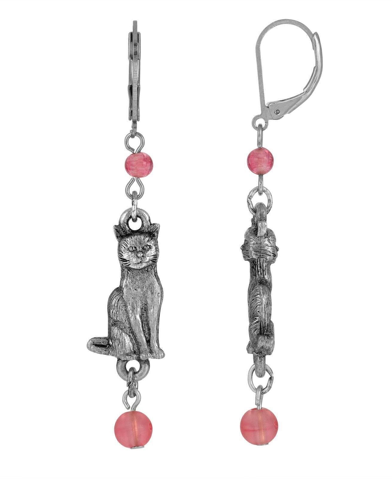 1928 Jewelry Round Smooth Bead Sitting Cat Drop Earrings