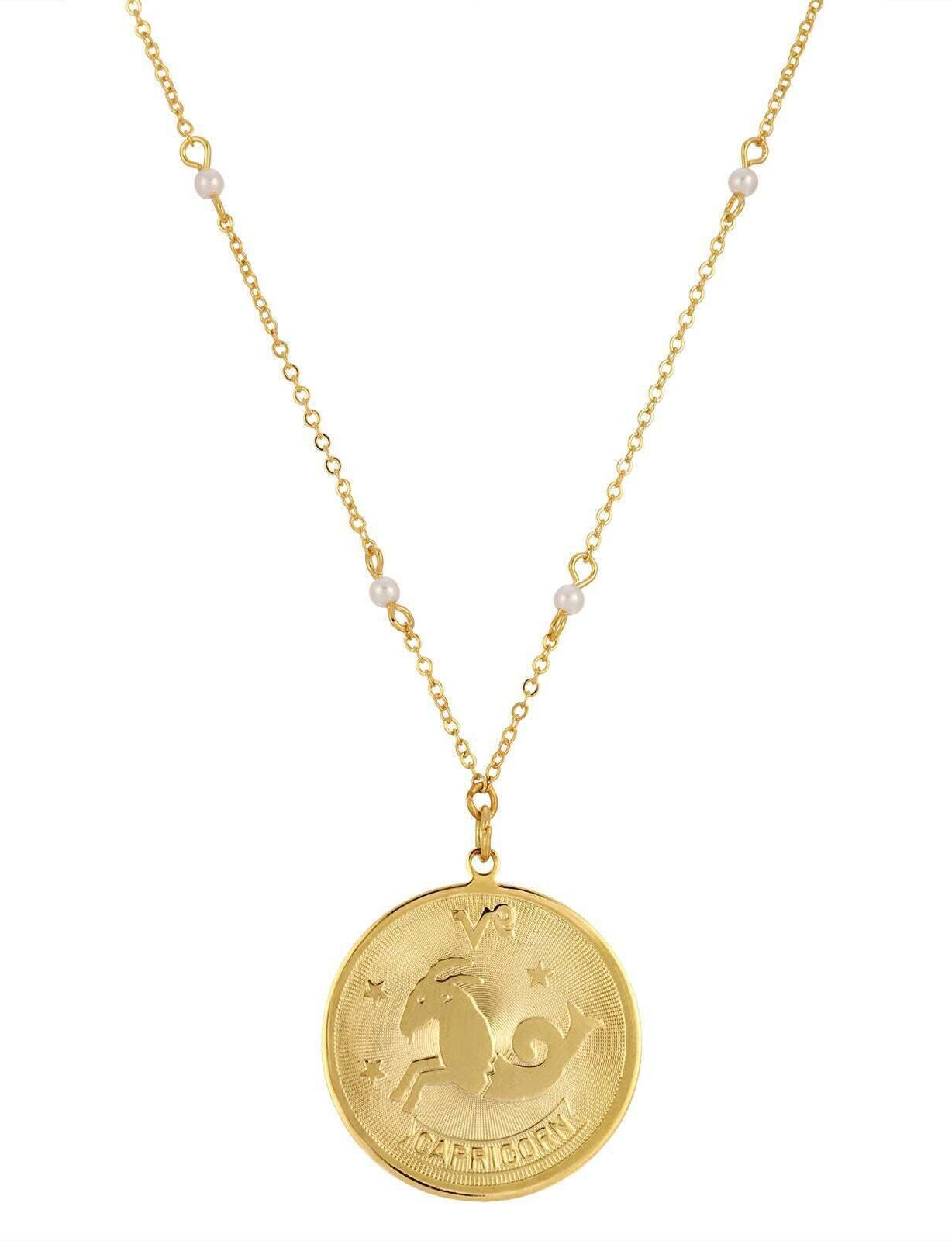 1928 Jewelry Round Zodiac Pendant Necklace With Faux Pearl Accents 20"