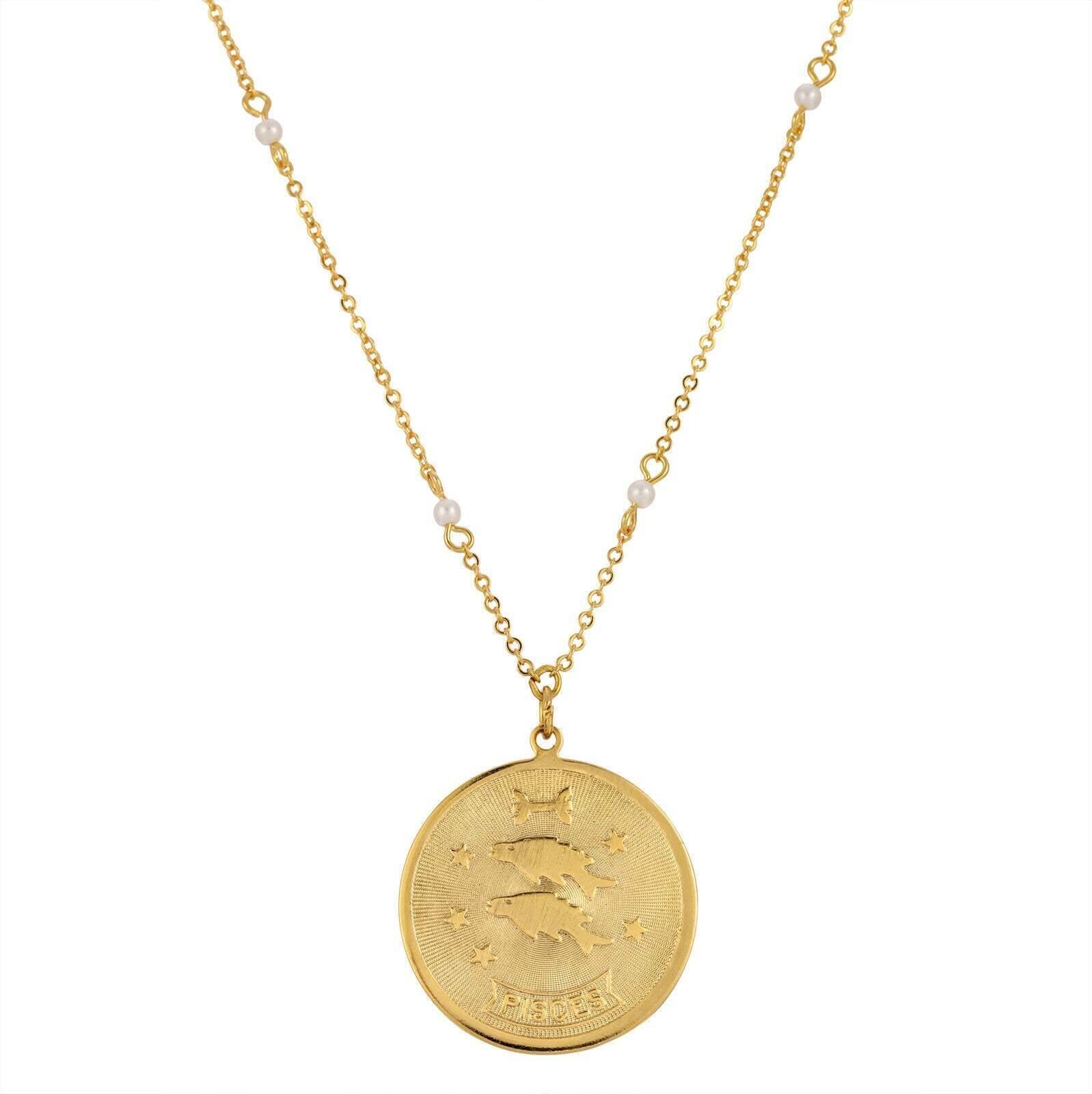 1928 Jewelry Round Zodiac Pendant Necklace With Faux Pearl Accents 20"