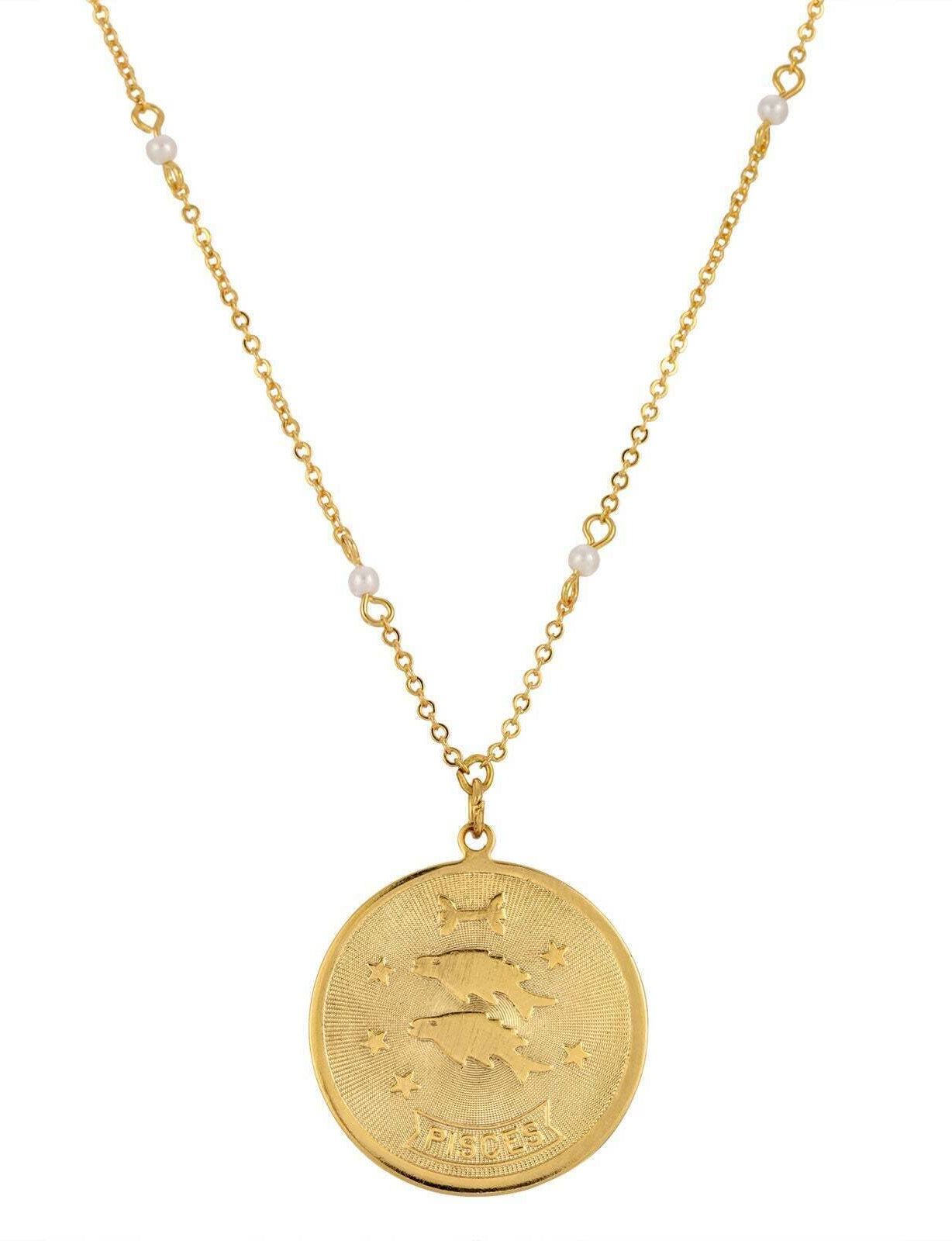 1928 Jewelry Round Zodiac Pendant Necklace With Faux Pearl Accents 20"
