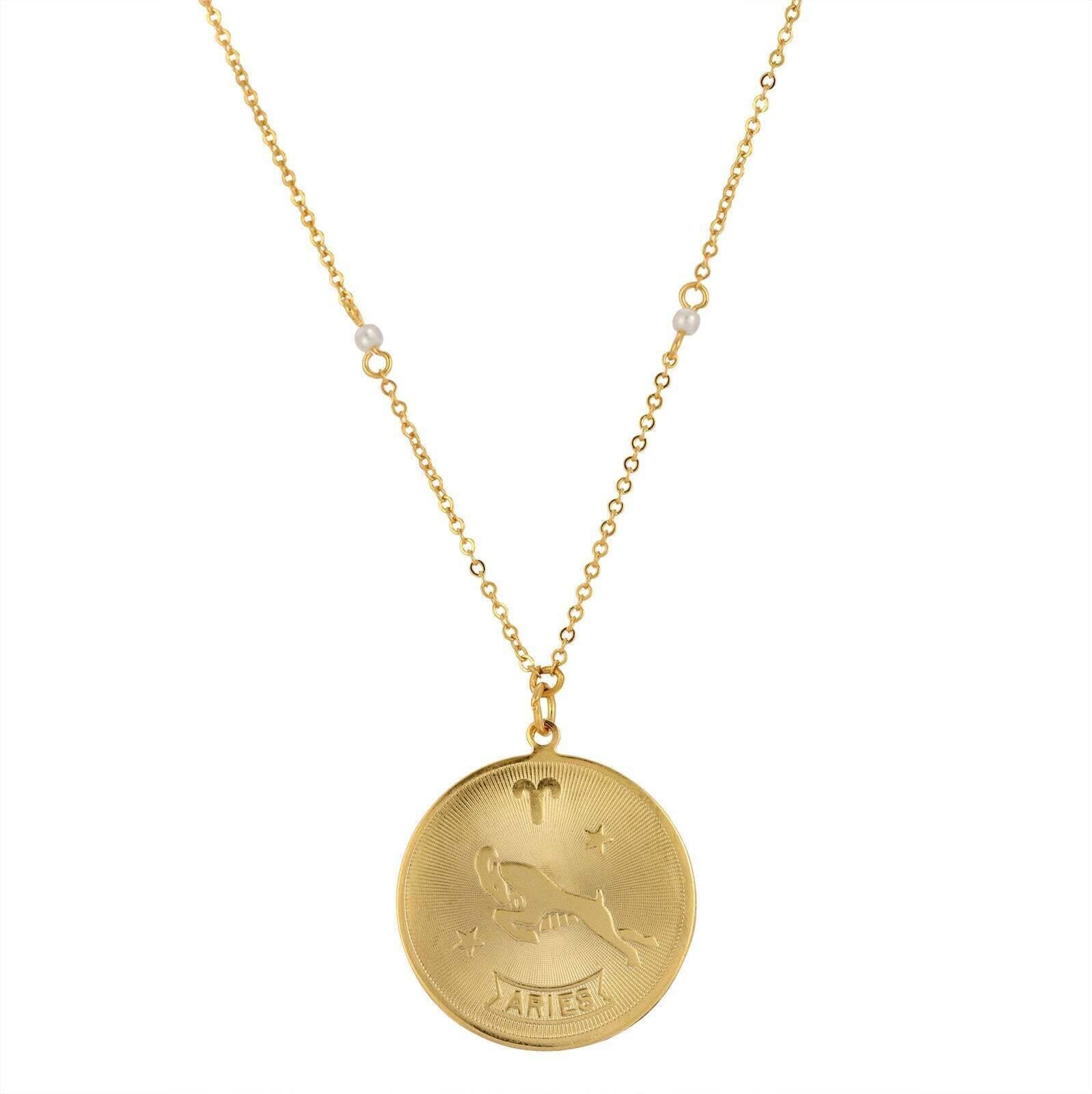 1928 Jewelry Round Zodiac Pendant Necklace With Faux Pearl Accents 20"
