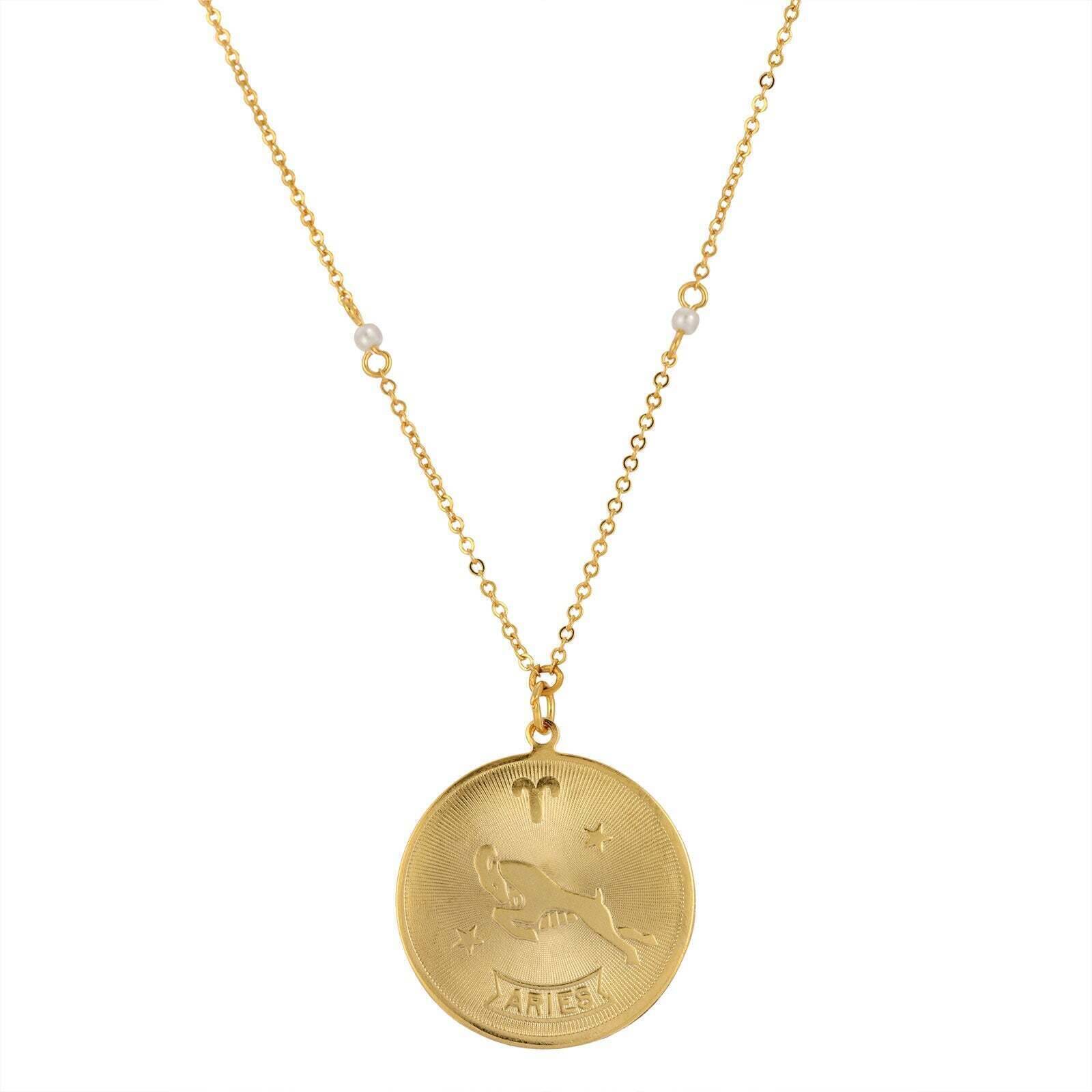 1928 Jewelry Round Zodiac Pendant Necklace With Faux Pearl Accents 20"