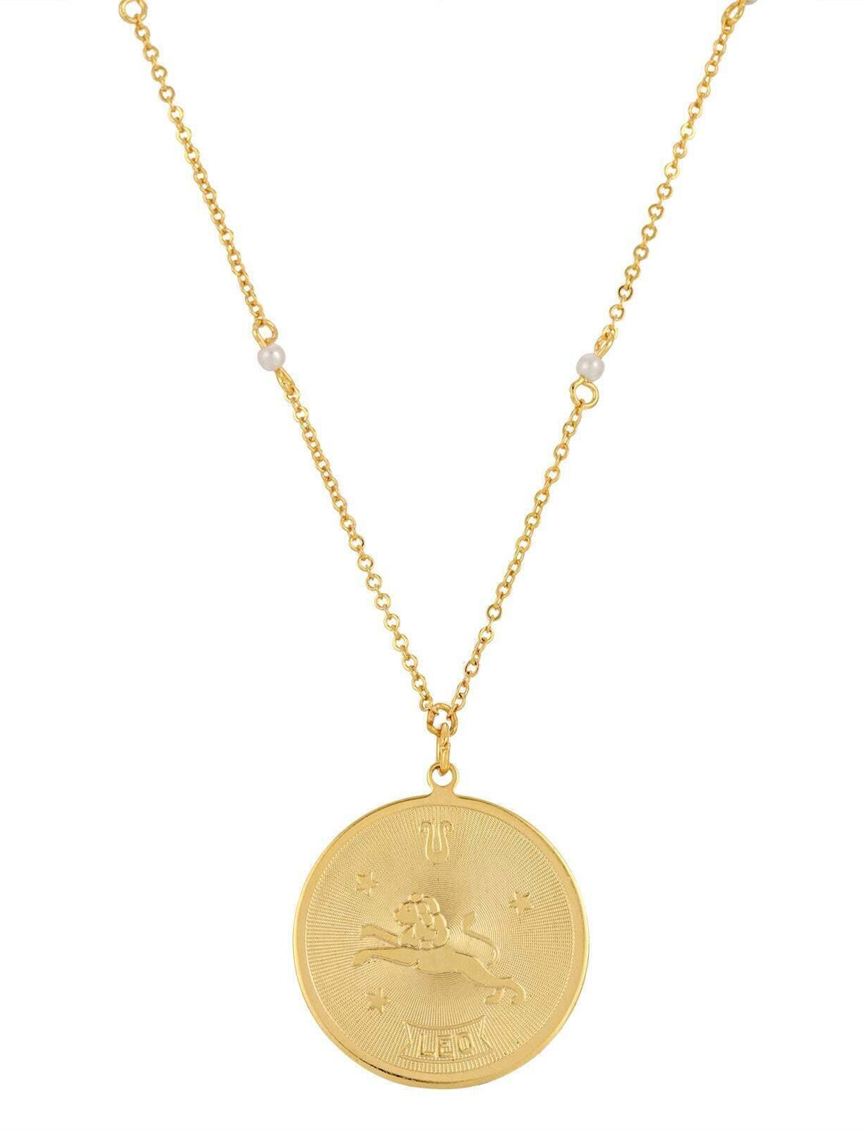 1928 Jewelry Round Zodiac Pendant Necklace With Faux Pearl Accents 20"
