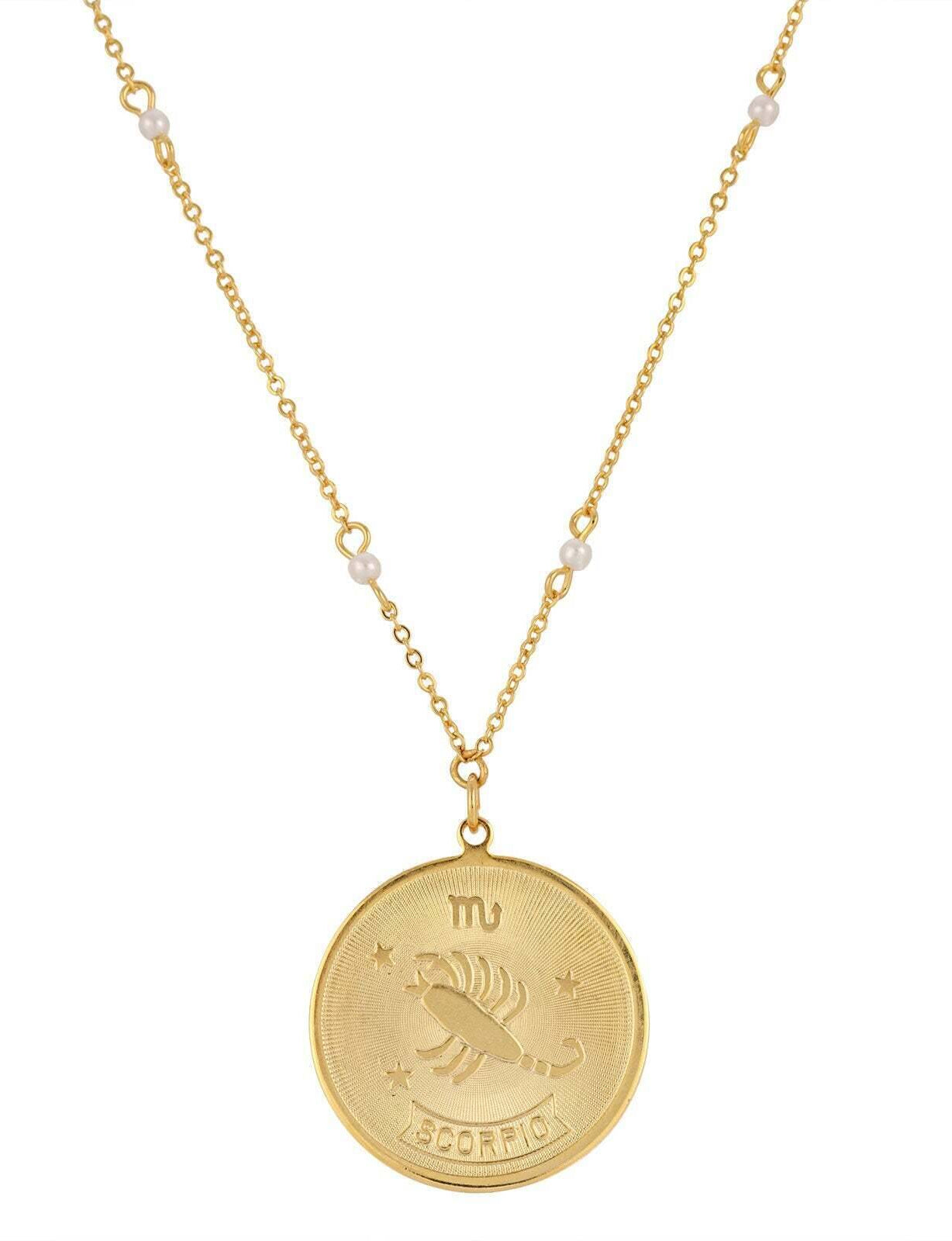 1928 Jewelry Round Zodiac Pendant Necklace With Faux Pearl Accents 20"