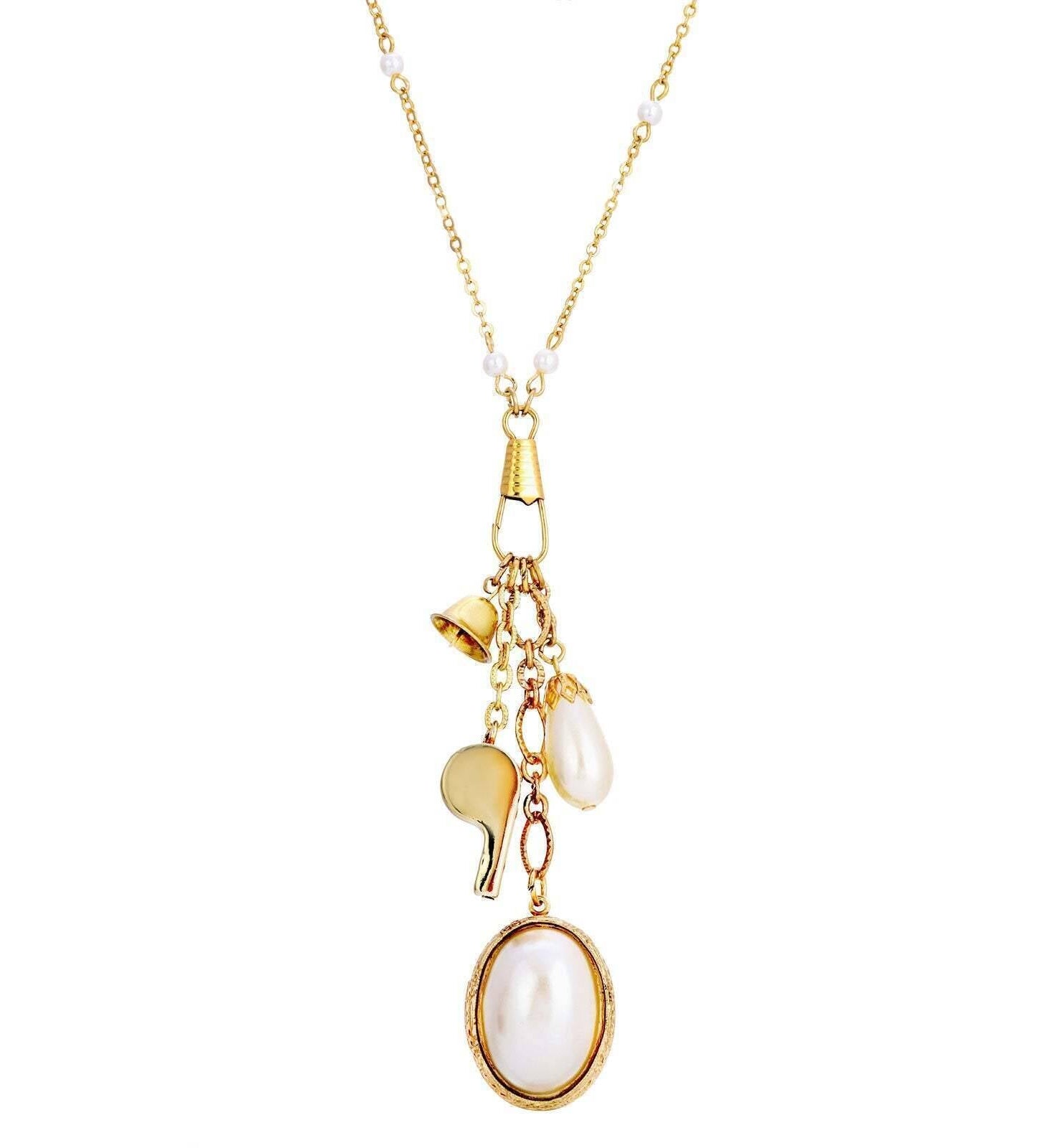 1928 Jewelry Elegant Faux Pearl Locket With Whistle Bell Charm Necklace 28"