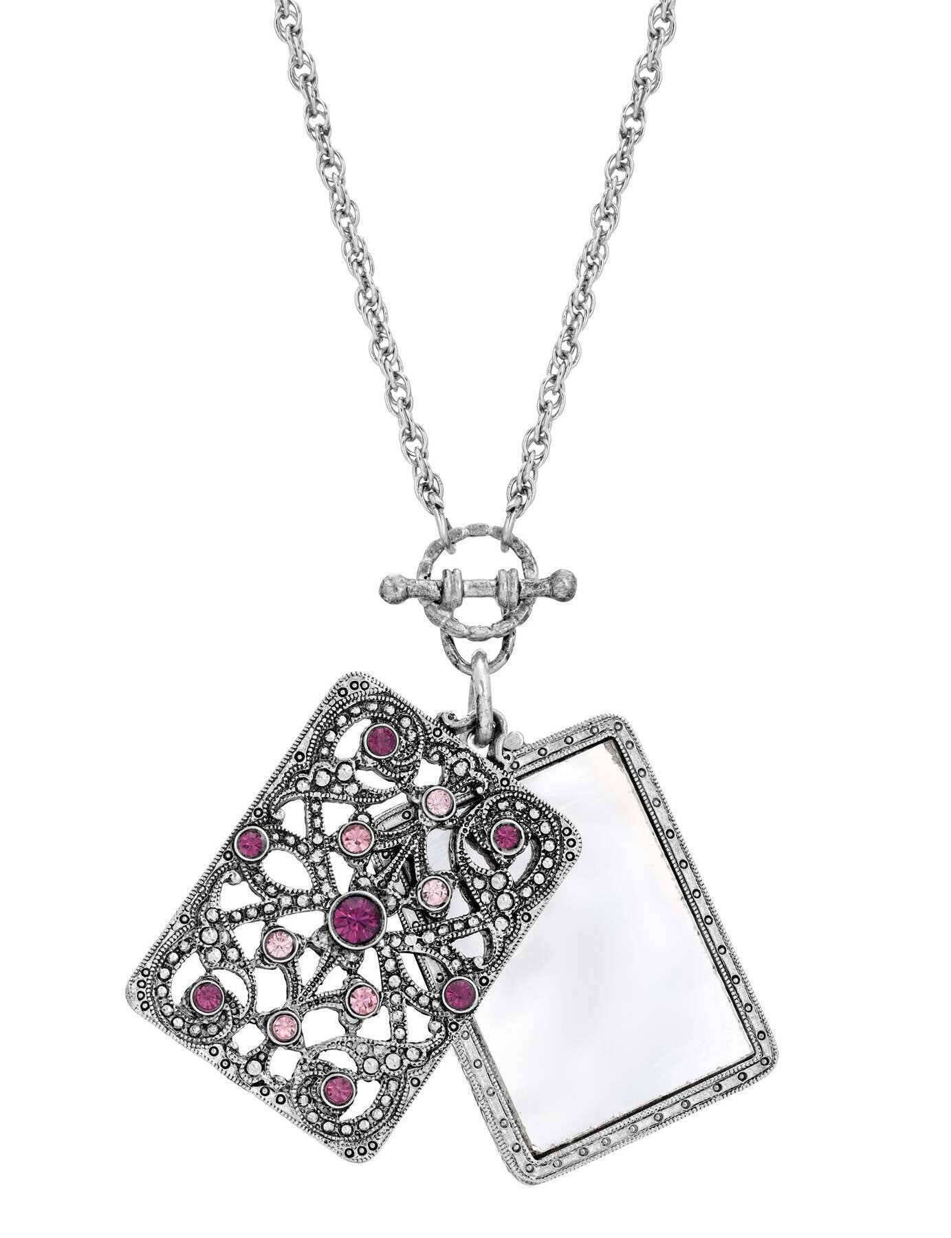 1928 Jewelry Purple Amethyst Crystal Filigree Mirror Pendant Necklace 28"