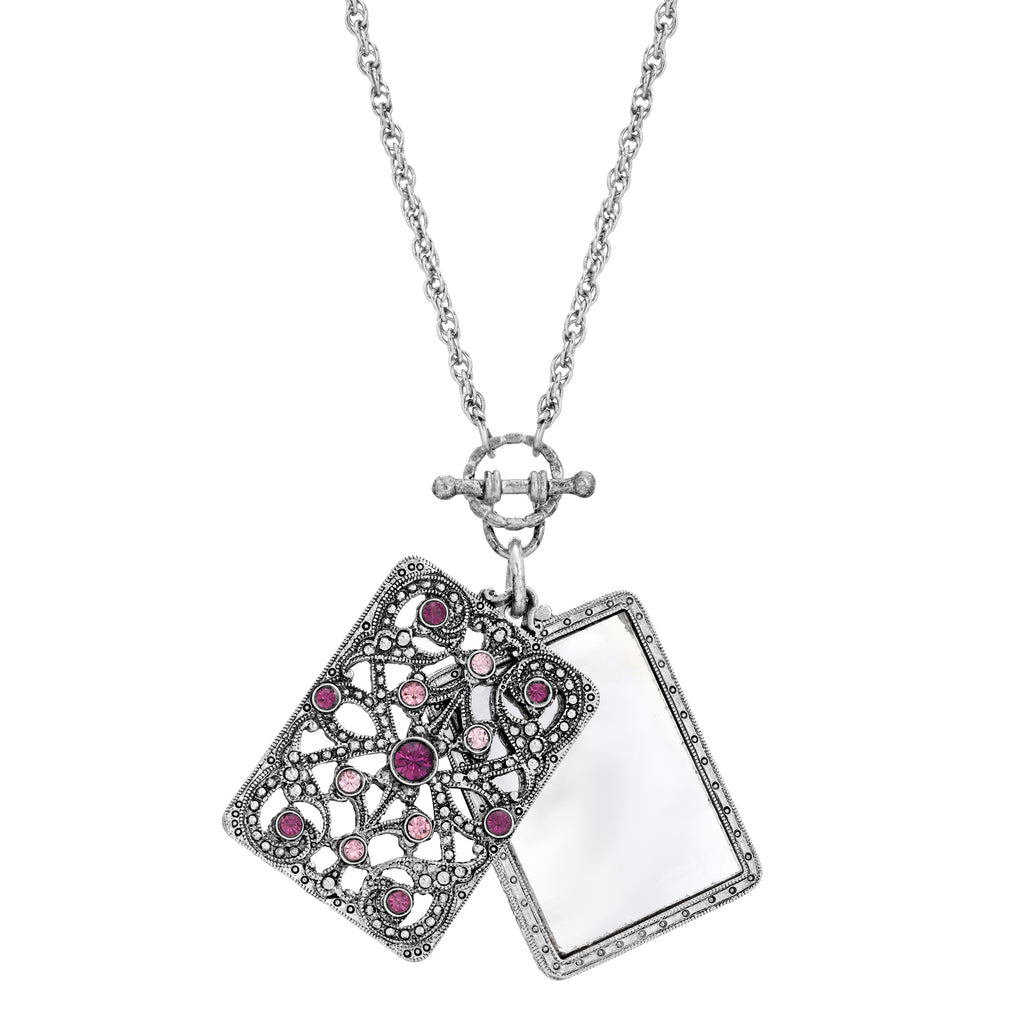Purple Amethyst Crystal Filigree Mirror Pendant Necklace 28 Inches