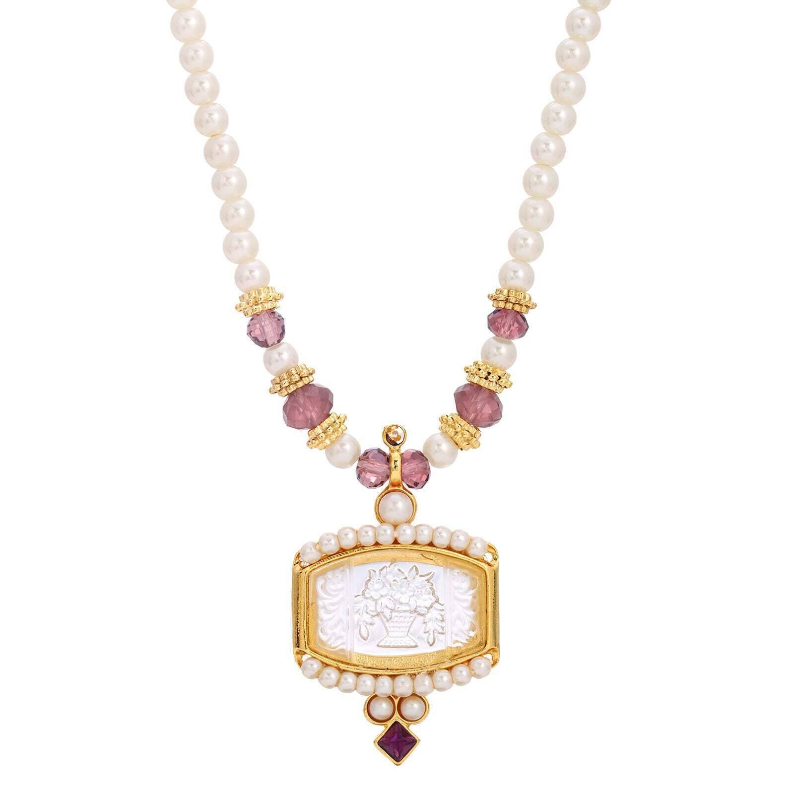 1928 Jewelry Faux Pearl Strand Etched Flower Bouquet Glass Intaglio Purple Crystal Pendant Necklace 15" + 3" Extender