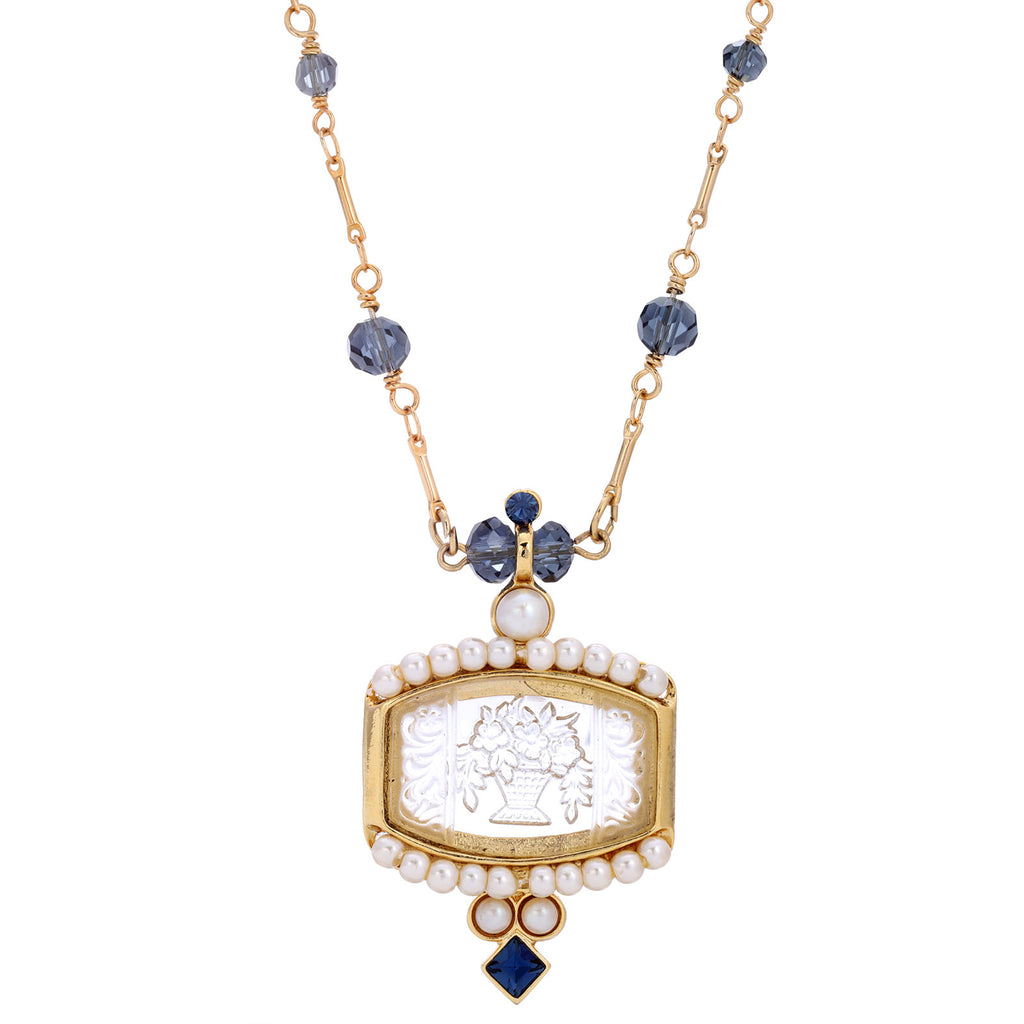 Montana Blue Bead Etched Flower Bouquet Glass Intaglio Pendant Necklace 16" + 3" Extender