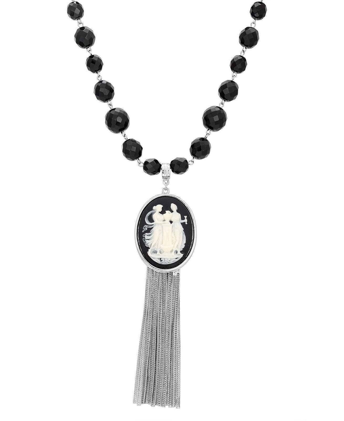 1928 Jewelry Grecian Women & Water Pitcher Cameo Pendant Tassel Necklace 28"