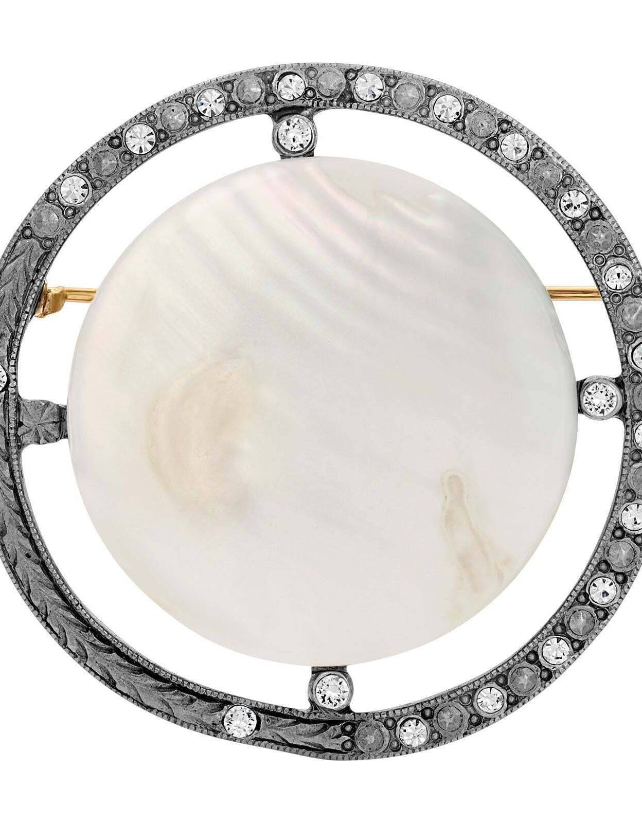 1928 Jewelry Round Pink Mother Of Pearl And Crystal Brooch