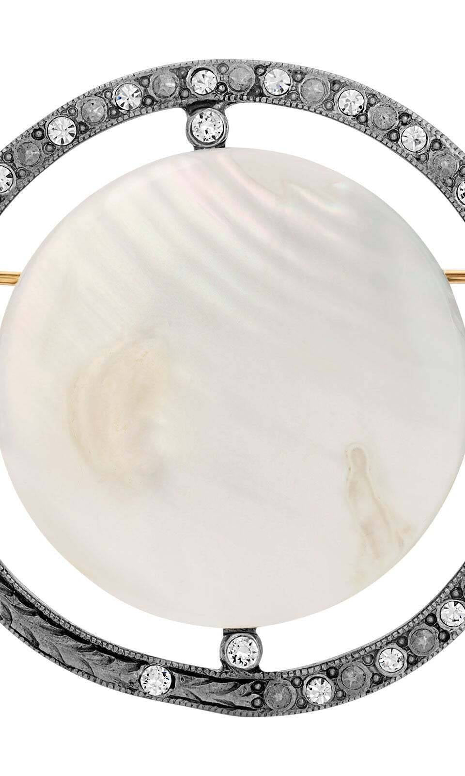 1928 Jewelry Round Pink Mother Of Pearl And Crystal Brooch