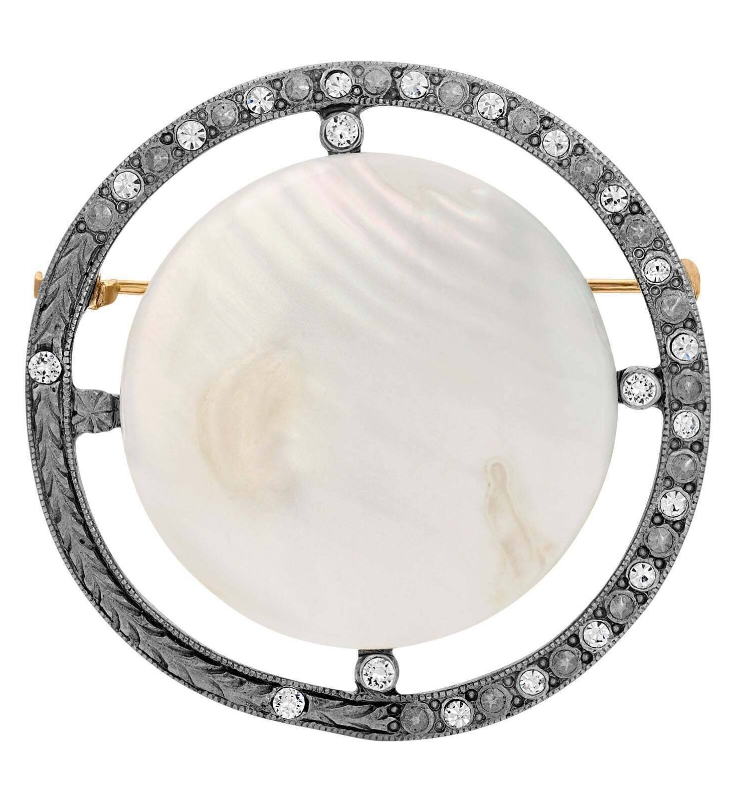 1928 Jewelry Round Pink Mother Of Pearl And Crystal Brooch