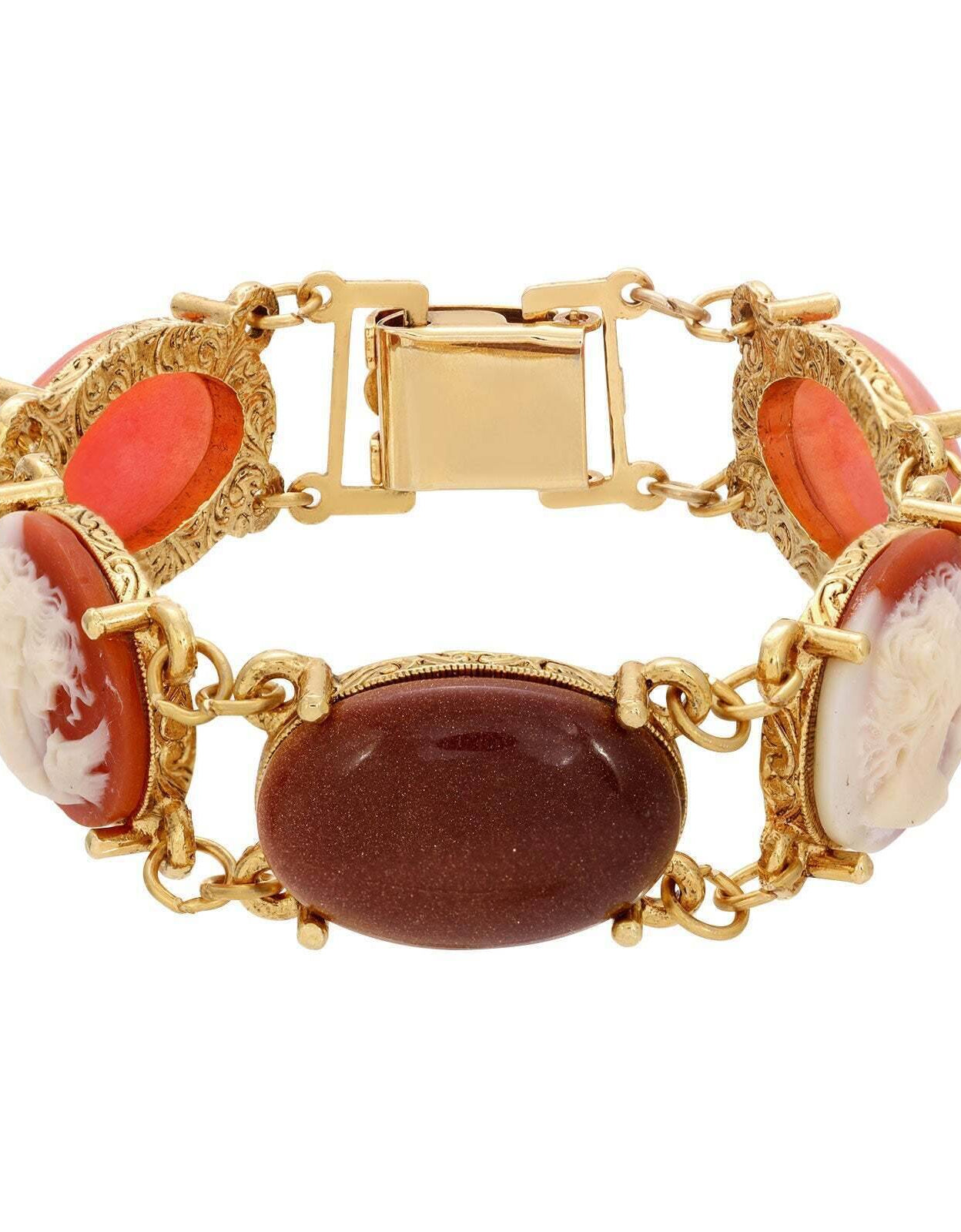 1928 Jewelry Oval Cameo & Genuine Goldstone Link Bracelet