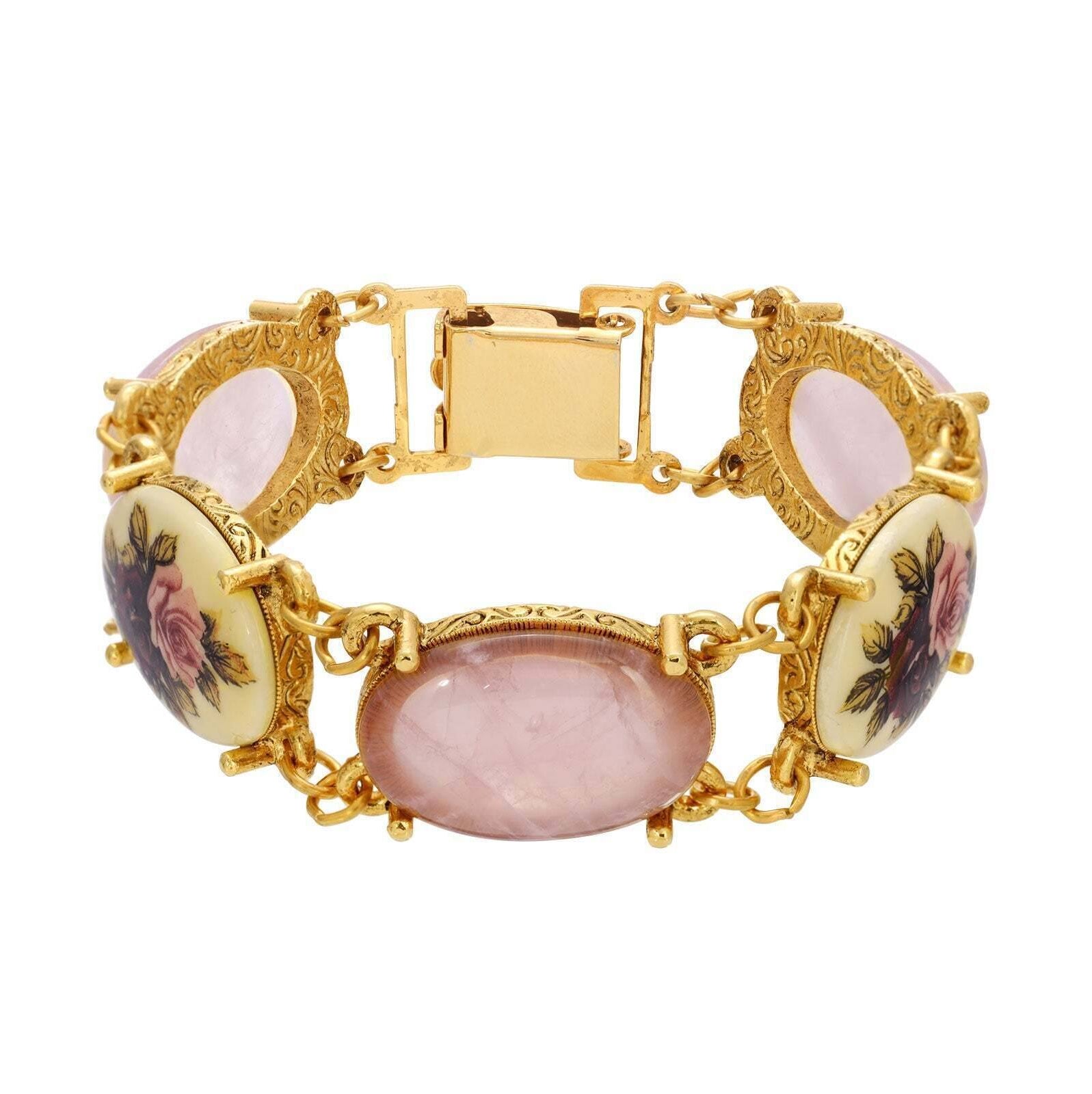1928 Jewelry Manor House Pink & Purple Floral Stone Rose Quartz Link Bracelet
