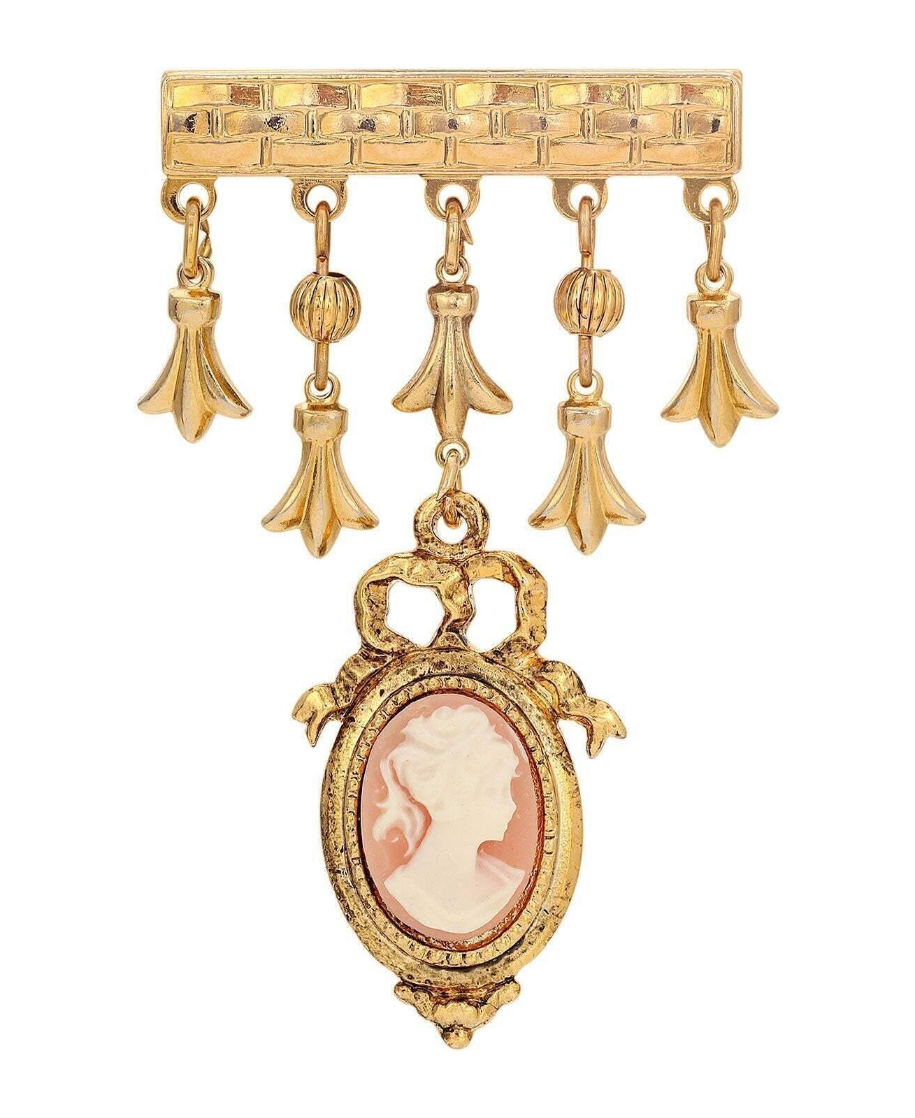 1928 Jewelry Dangling Charm Pink Cameo Bar Pin