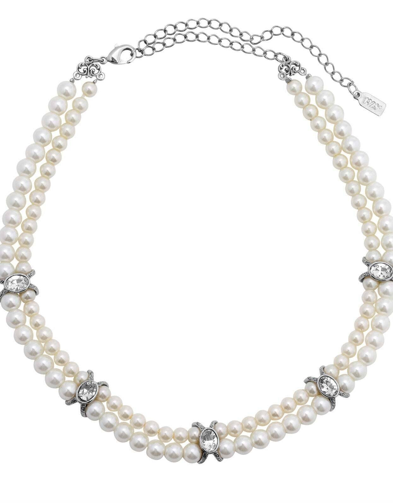 1928 Jewelry Oval Crystal Double 5mm & 6mm Faux Pearl Strand Necklace 13" + 3" Extender