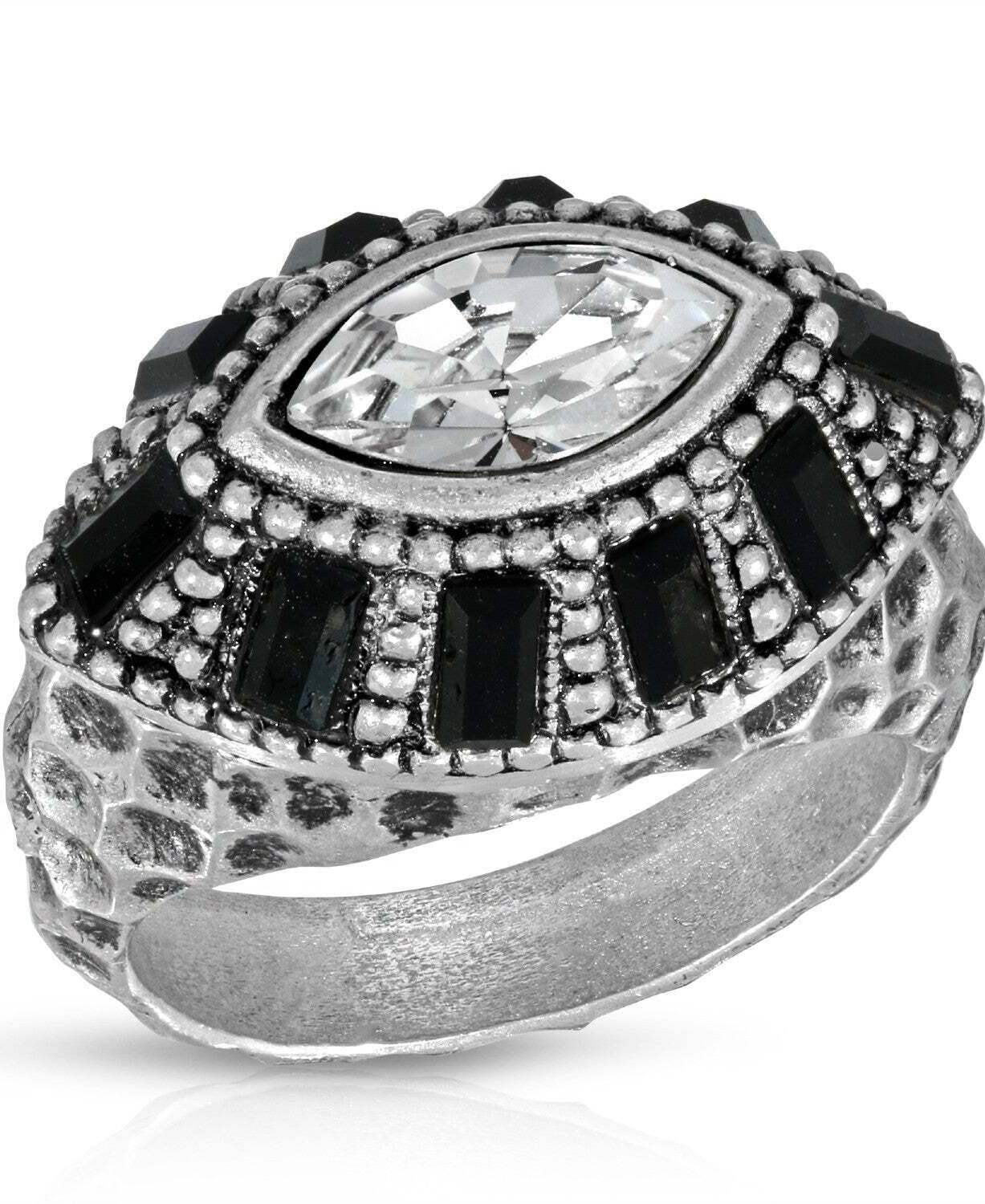1928 Jewelry Honora Hammered Black & Clear Crystal Ring