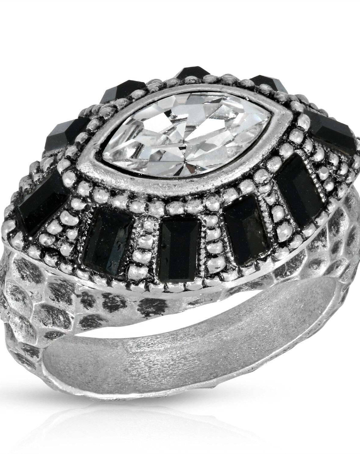 1928 Jewelry Honora Hammered Black & Clear Crystal Ring