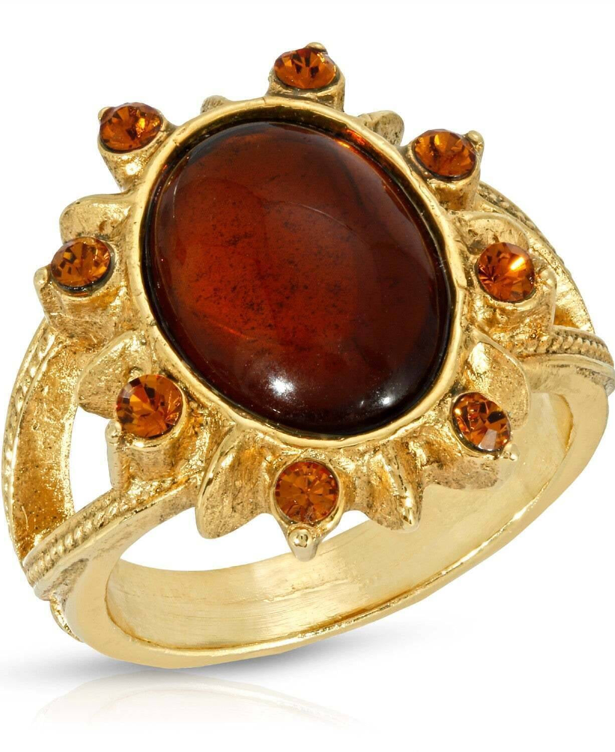 1928 Jewelry Sunburst Oval Smoke Topaz Glass Stone Crystal Ring