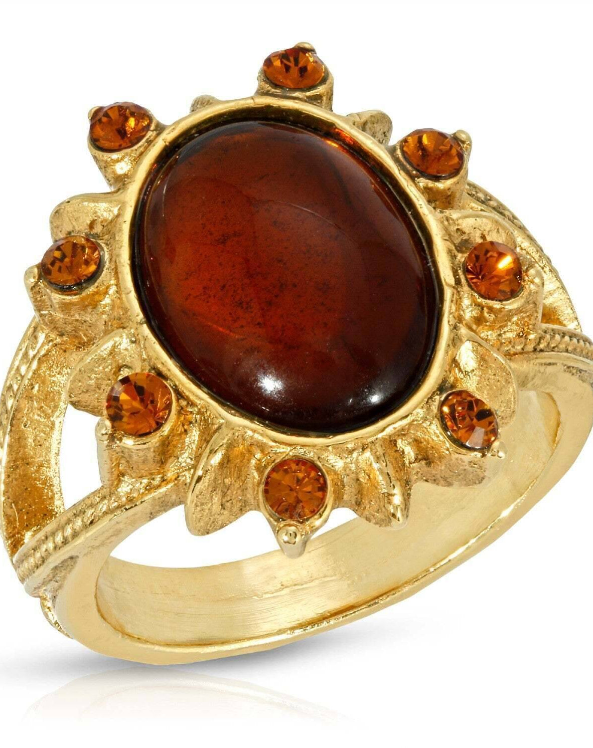 1928 Jewelry Sunburst Oval Smoke Topaz Glass Stone Crystal Ring