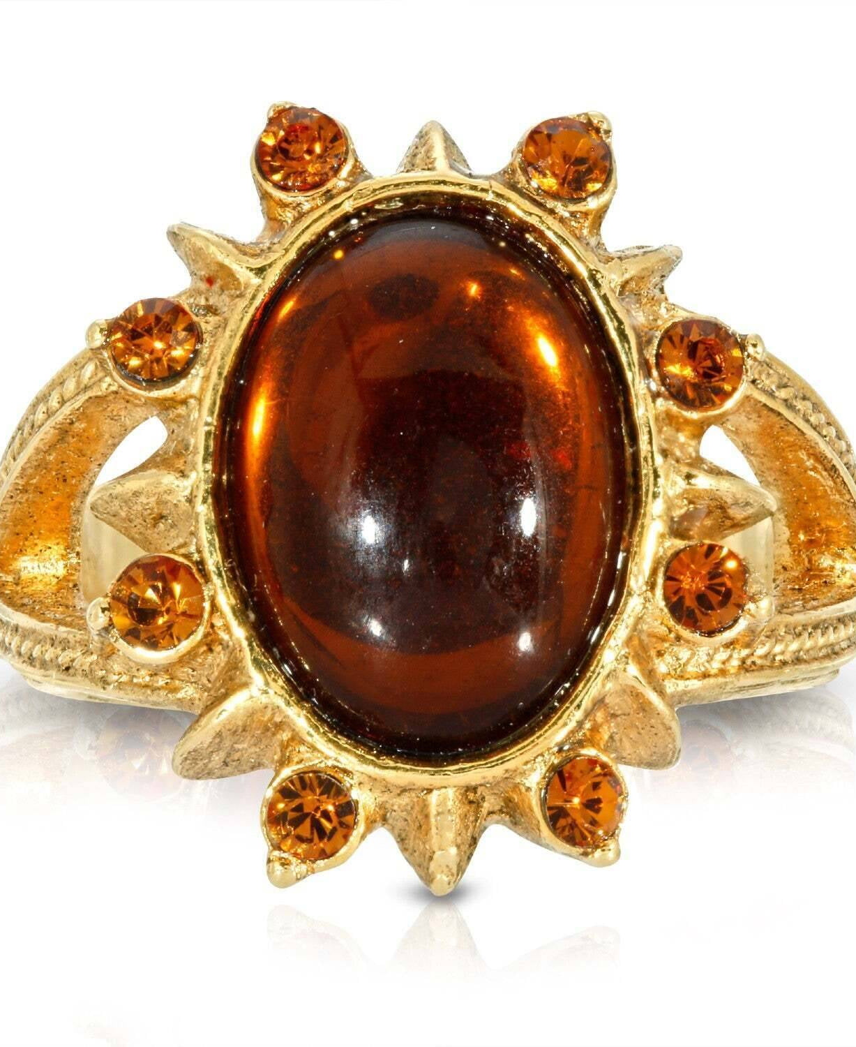 1928 Jewelry Sunburst Oval Smoke Topaz Glass Stone Crystal Ring