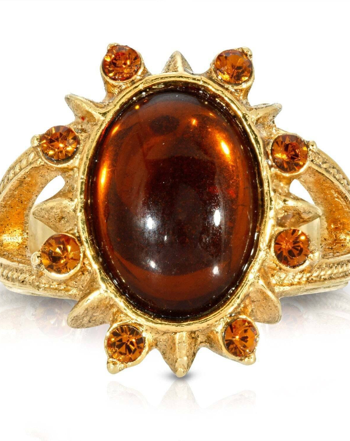 1928 Jewelry Sunburst Oval Smoke Topaz Glass Stone Crystal Ring