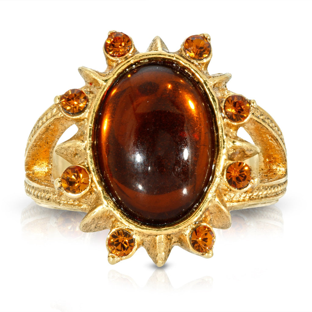 Gold Tone Sunburst Oval Stone And Crystal Ring Size 8 Smoked Topaz